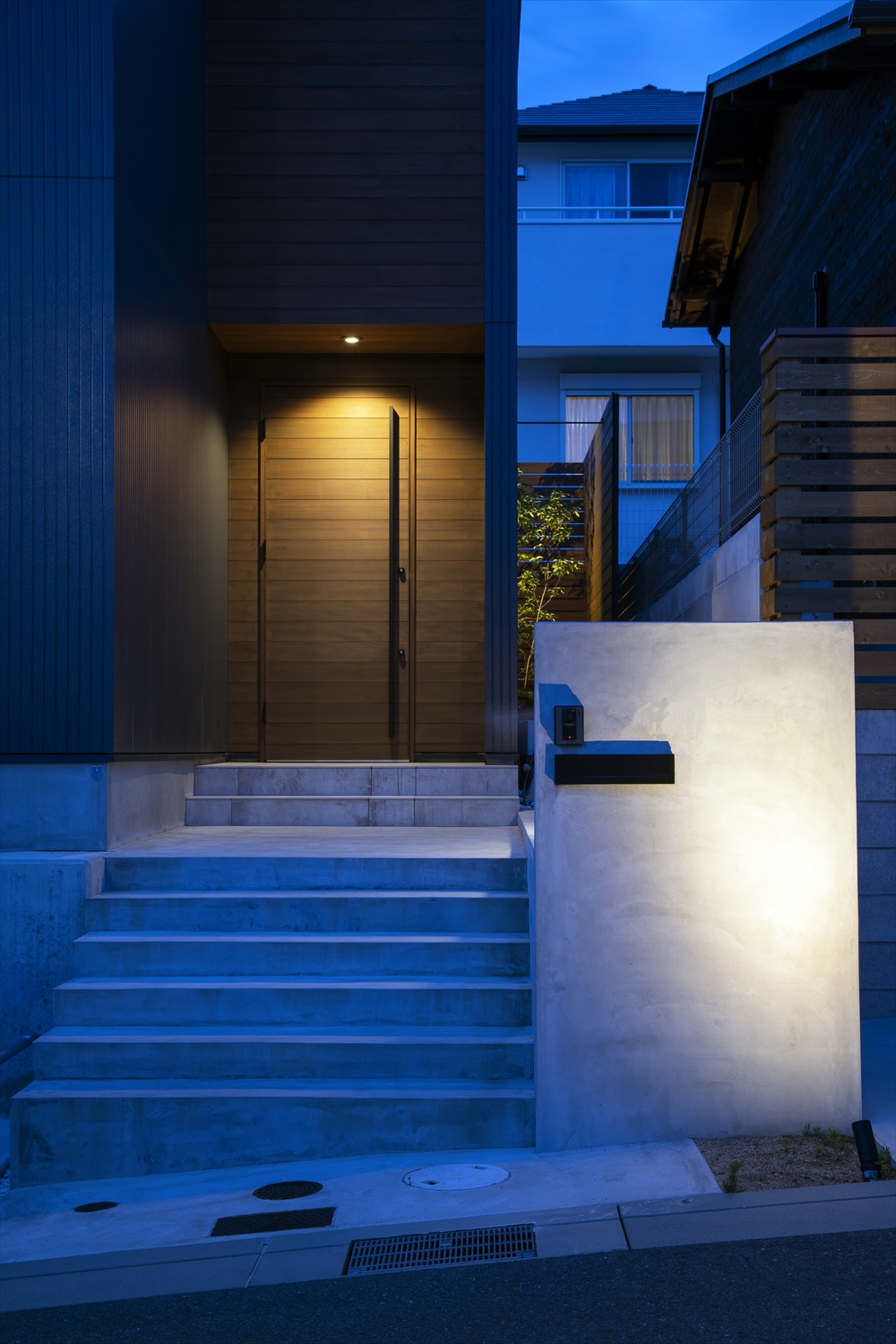 コンクリートの階段の先にある、軒天井に取り付けたダウンライトに照らされる木の扉の玄関・デザイン住宅 注文住宅・デザイン住宅建築実例_『CASE629 Con』_外観