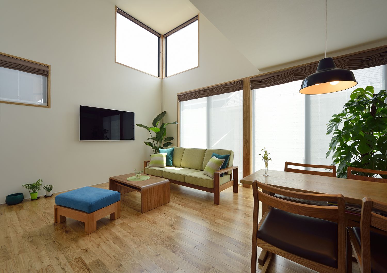 木のインテリアや観葉植物があるおしゃれなLDK・デザイン住宅