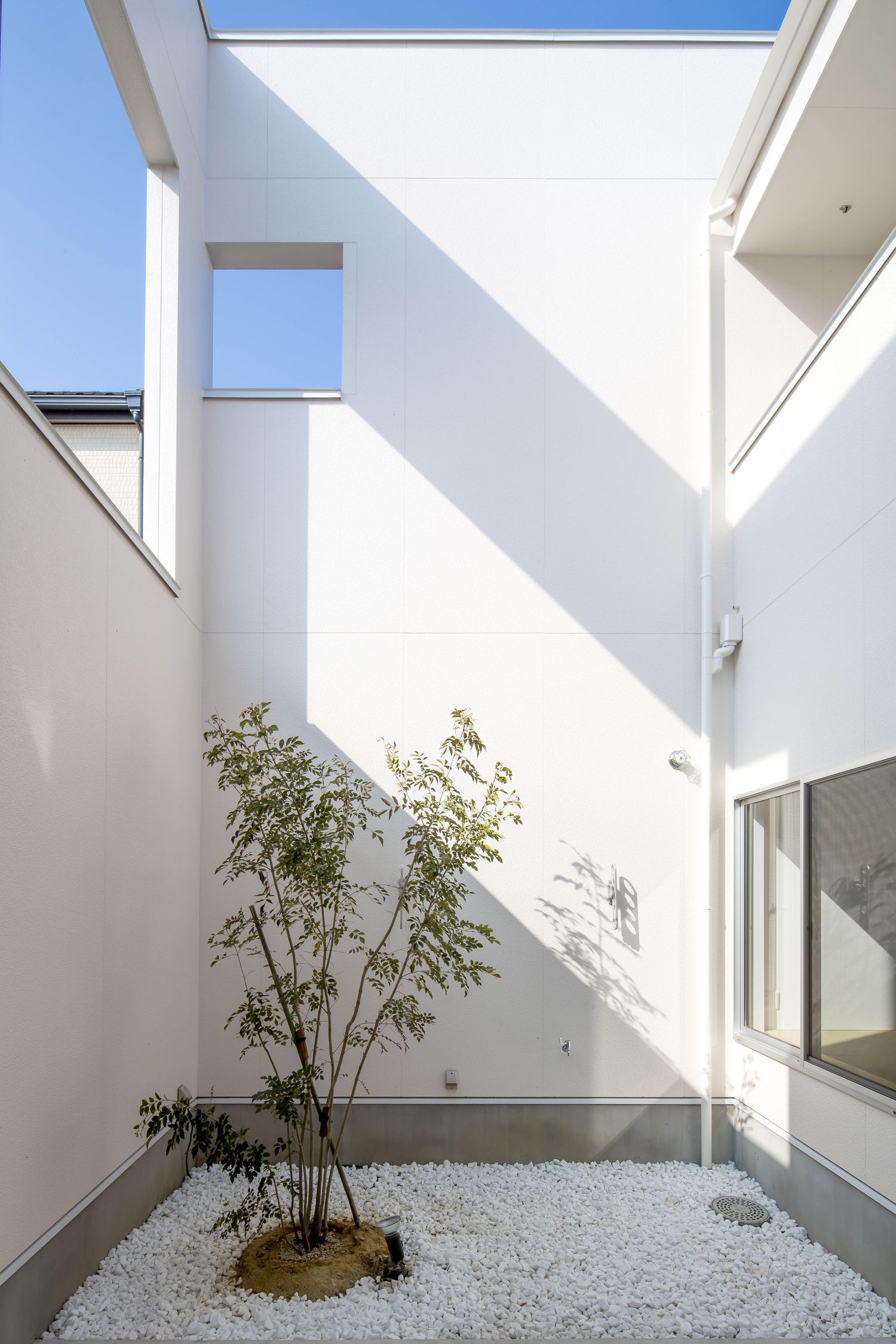 高い白い壁にスリットを取り付けた明るい中庭・デザイン住宅