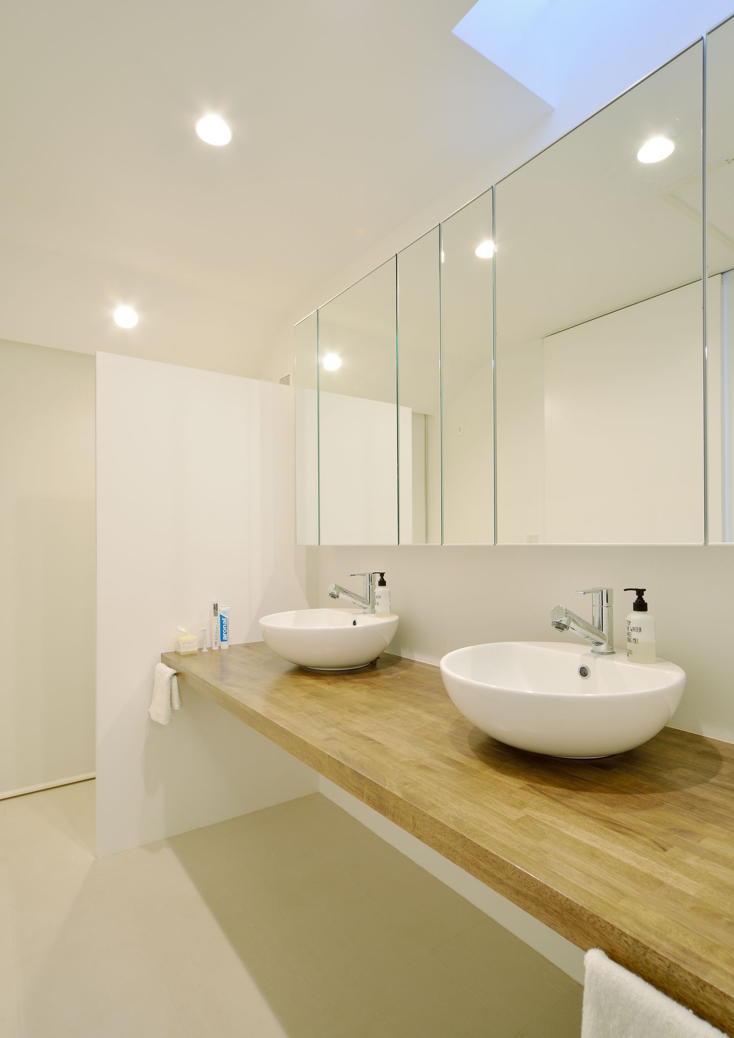 ミラーキャビネット付きのダブルボウルの広い洗面所・デザイン住宅