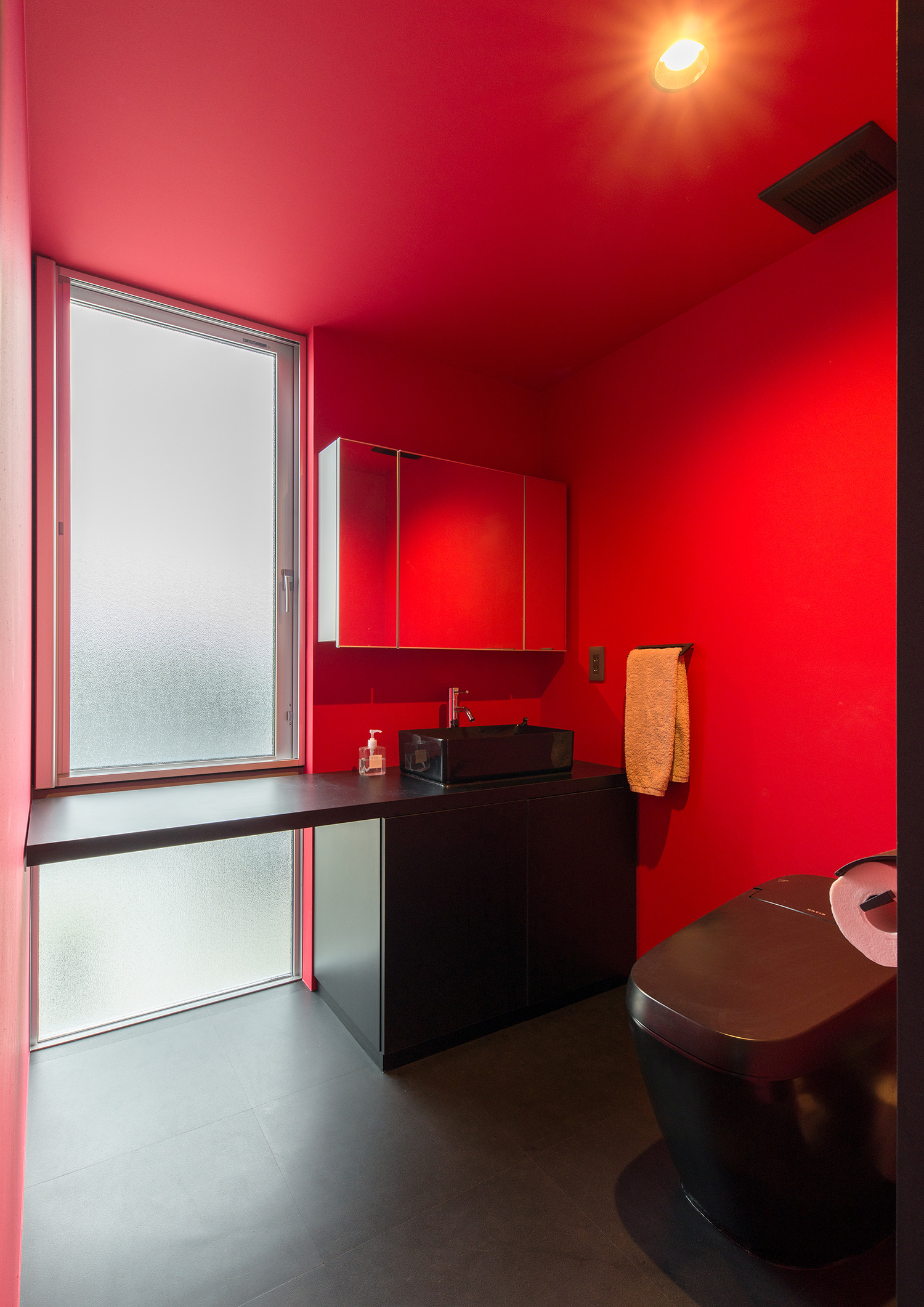 赤い壁で、床と便器を黒くした手洗いカウンター付きのトイレ・デザイン住宅 注文住宅・デザイン住宅建築実例_『CASE634 アトリエを持つ家』_トイレ