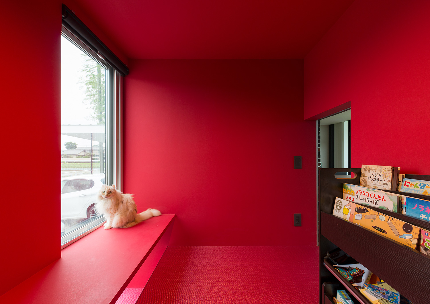 窓際に猫が座っている、赤い壁の部屋・デザイン住宅 注文住宅・デザイン住宅建築実例_『CASE634 アトリエを持つ家』_LDK