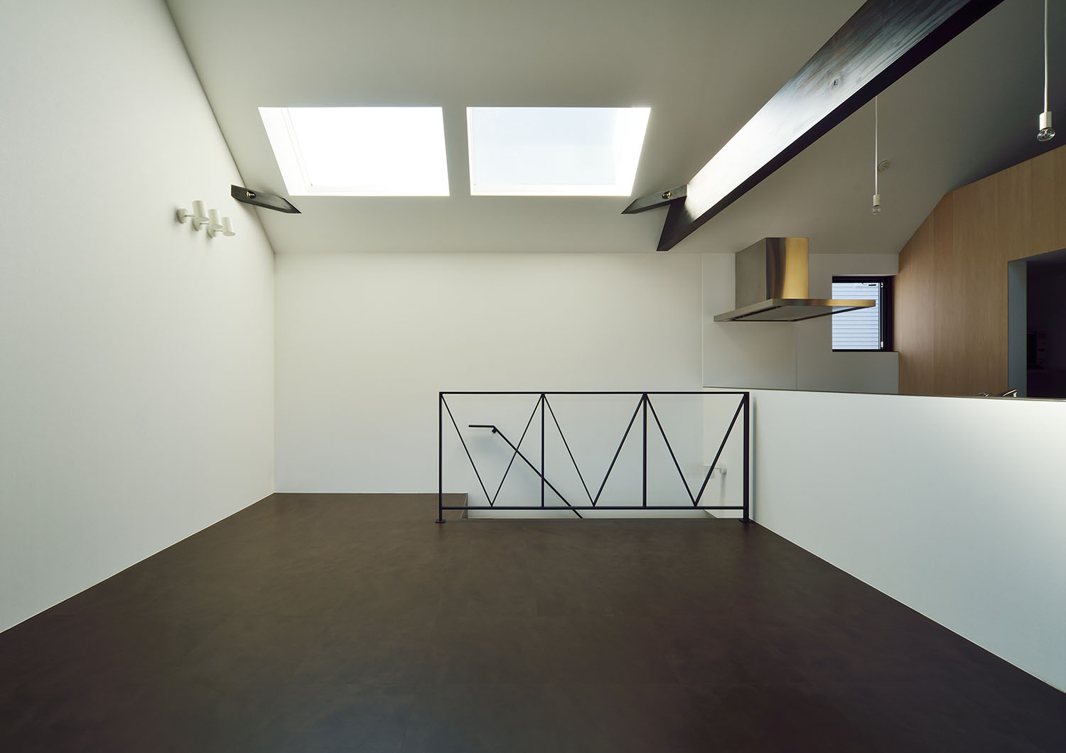 ダークブラウンの床のLDKに天窓が設けられている様子・デザイン住宅 注文住宅・デザイン住宅建築実例_『CASE676 箱を包む小屋裏』_LDK