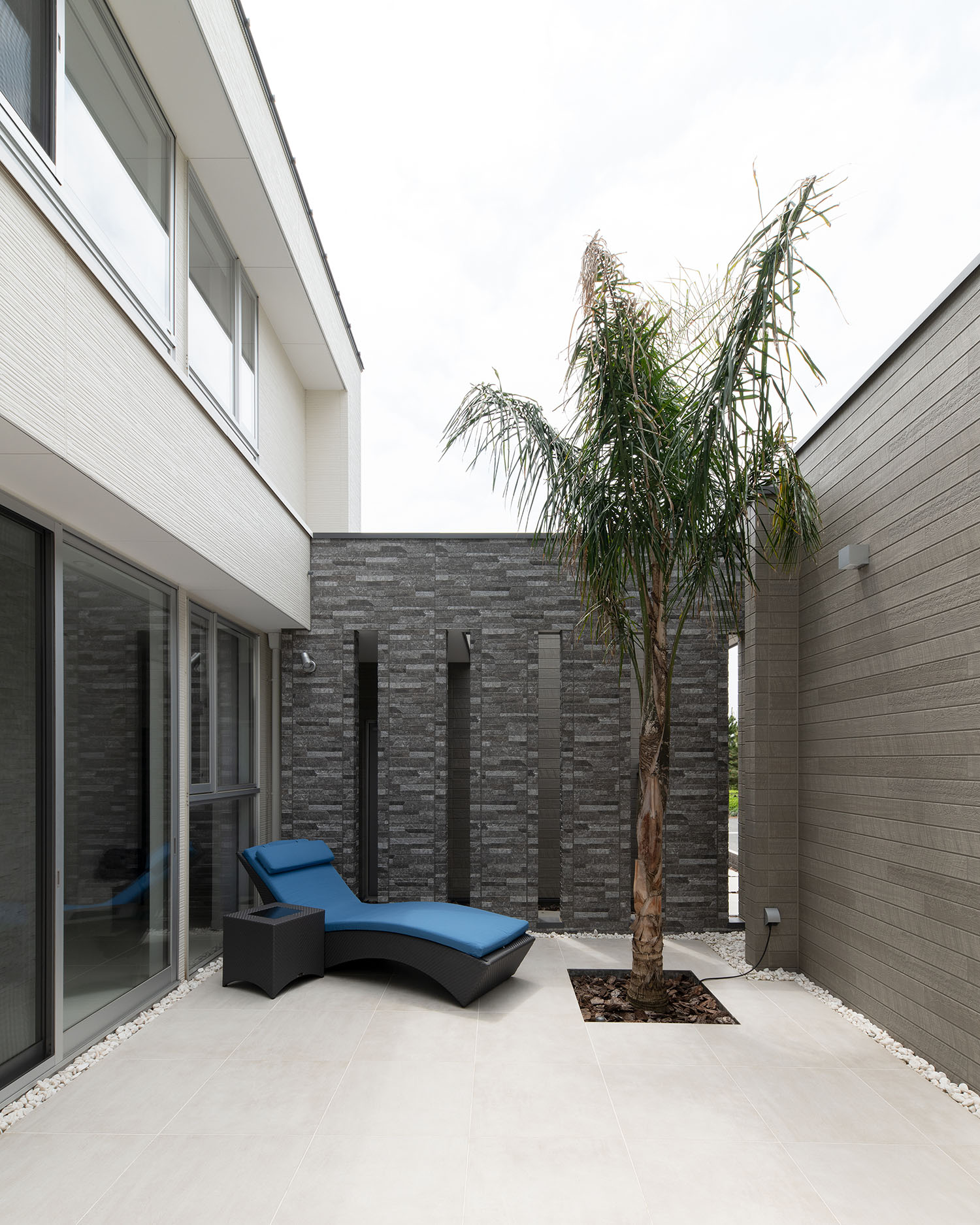 グレーの壁で囲まれておりヤシの木やサンベッドが置かれている中庭・デザイン住宅 注文住宅・デザイン住宅建築実例_『CASE682  Casa de Resort』_中庭