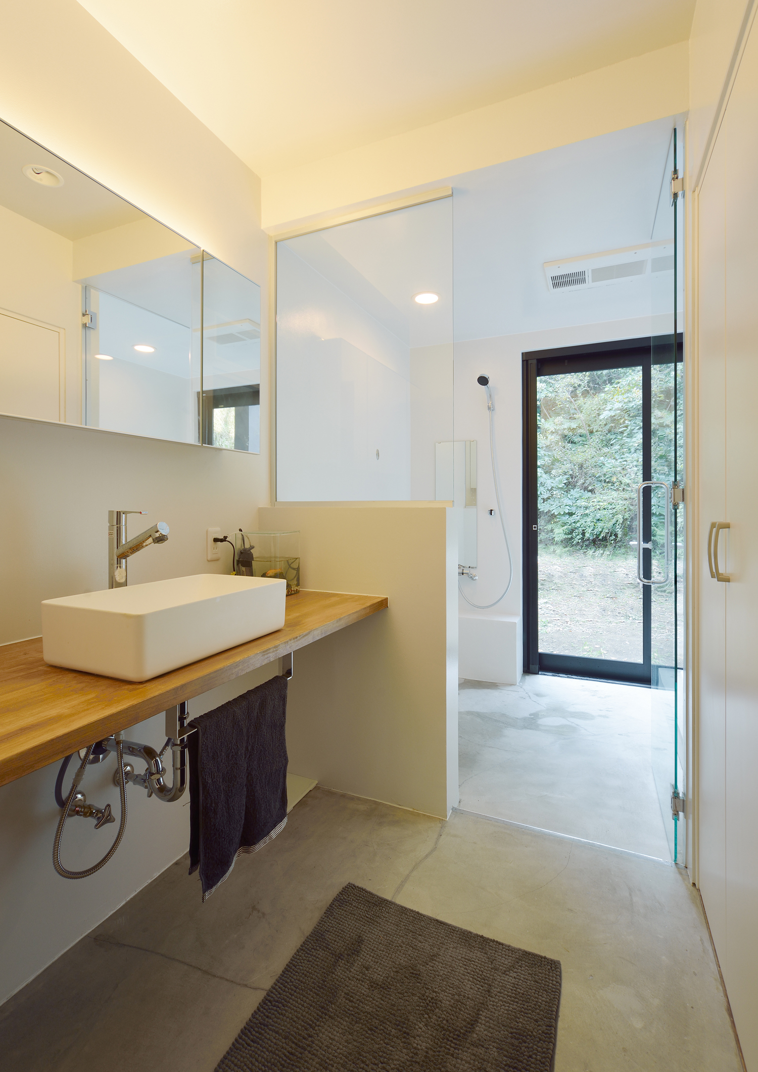 外に面した窓と、洗面所と繋がるガラス扉がある浴室・デザイン住宅