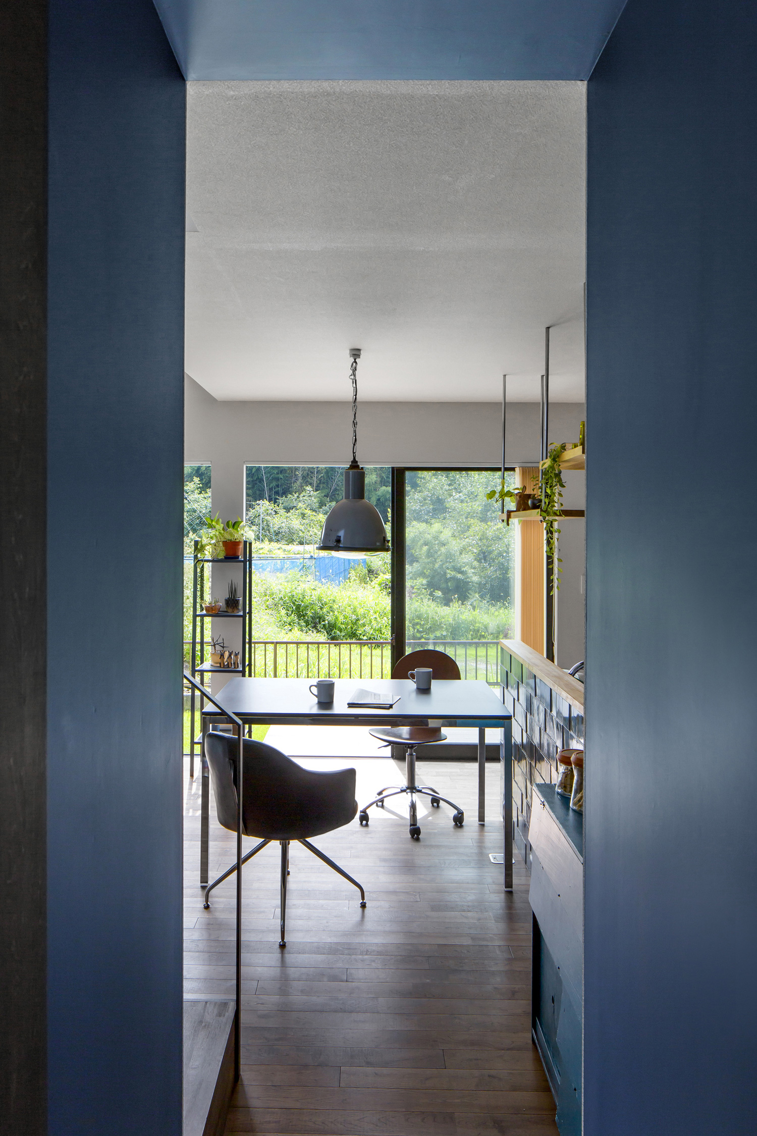 青い壁の奥にある緑が見えるLDK・デザイン住宅