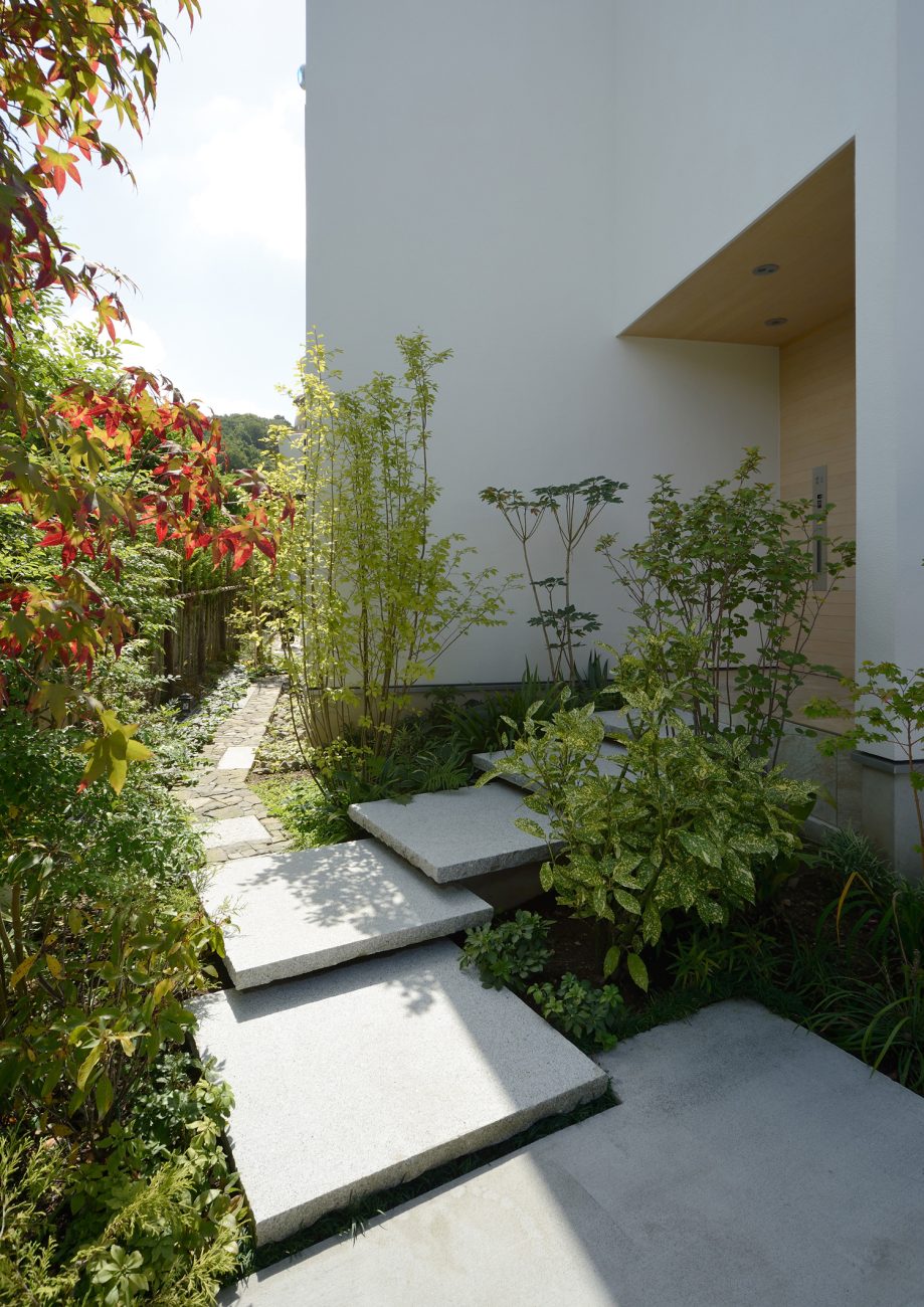 植物に囲まれたコンクリートのアプローチ・デザイン住宅