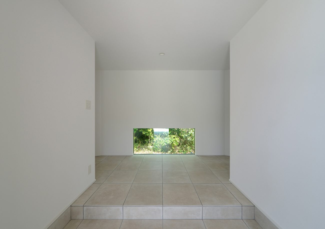 正面に緑が見える地窓があるシンプルな玄関・デザイン住宅