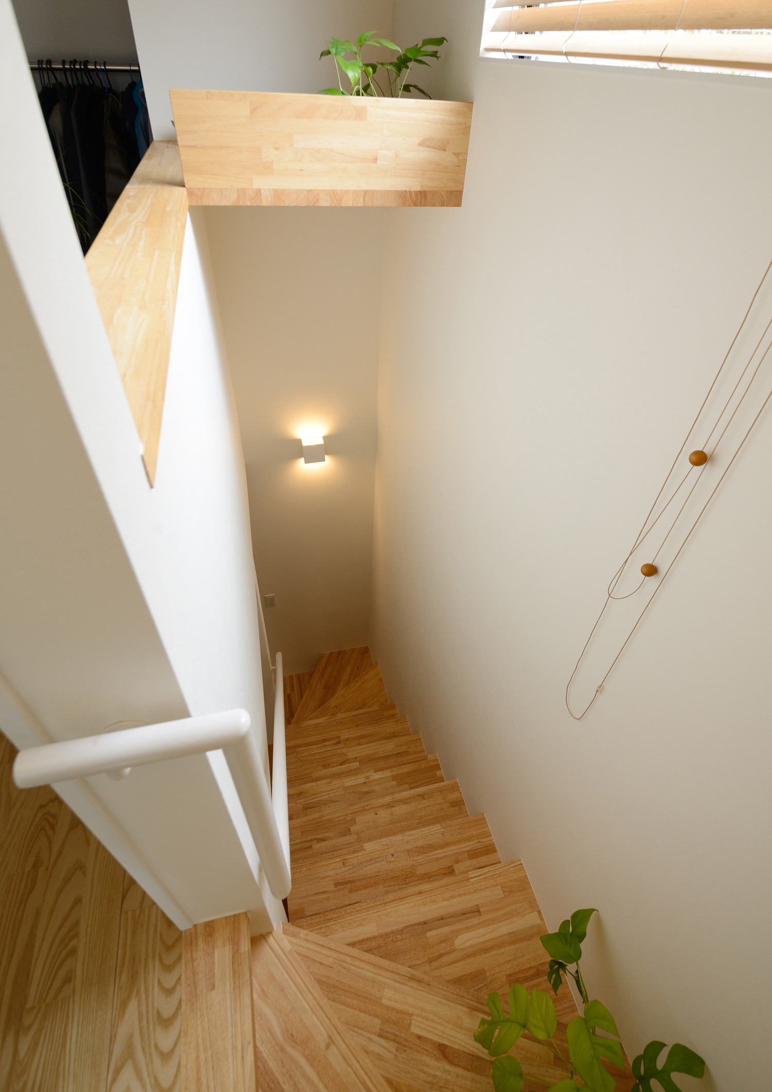 壁に照明が取り付けられた木製の階段を上から見た様子・デザイン住宅 注文住宅・デザイン住宅建築実例_『CASE461 眺める家』_階段