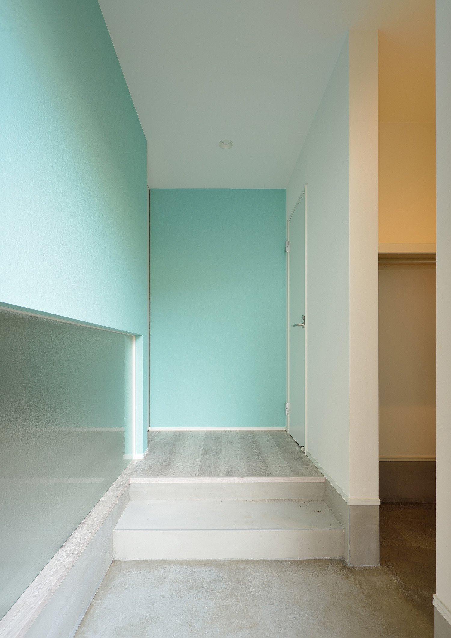 ミントグリーンの壁が広がるシューズインクローゼット付きのモルタルの玄関・デザイン住宅 注文住宅・デザイン住宅建築実例_『CASE503 ヒカリノソソグイエ』_玄関