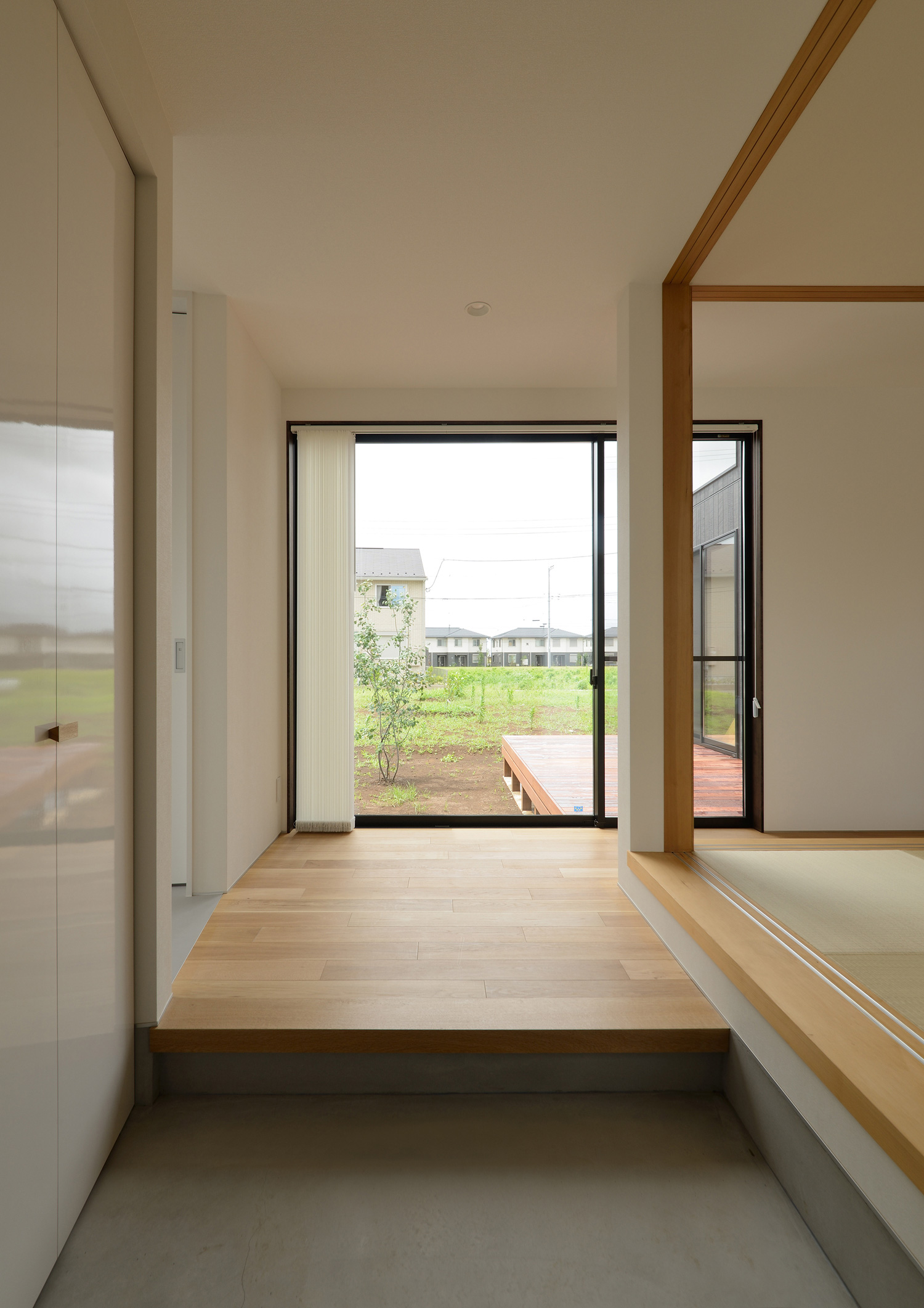 正面に植栽が見える窓があるモルタルの玄関・デザイン住宅 注文住宅・デザイン住宅建築実例_『CASE520 素地の家』_玄関