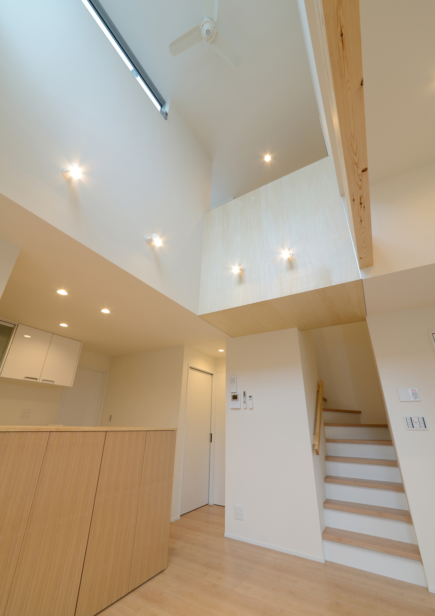 壁にスポットライトを取り付けた吹き抜けのあるLDK・デザイン住宅 注文住宅・デザイン住宅建築実例_『CASE535 ドマ＋LDK』_LDK