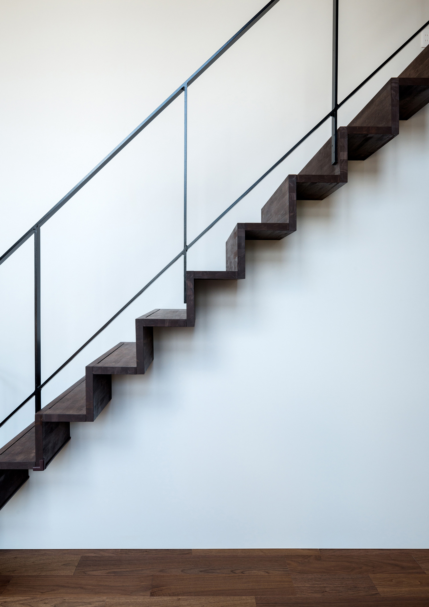 アイアンの手すりが取り付けられた濃い色の木材のリビングイン階段・デザイン住宅 注文住宅・デザイン住宅建築実例_『CASE573 次代の家』_階段