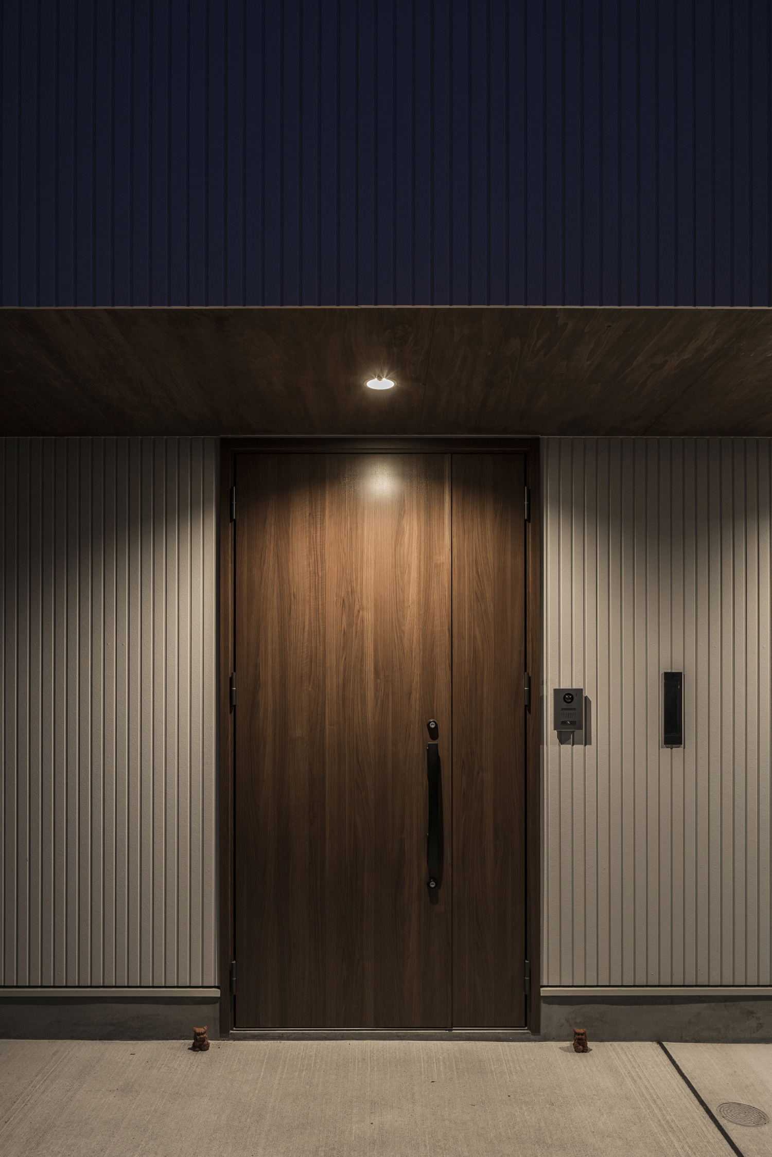 軒天井のダウンライトに照らされた木目の玄関扉・デザイン住宅 注文住宅・デザイン住宅建築実例_『CASE583 デルタ』_外観