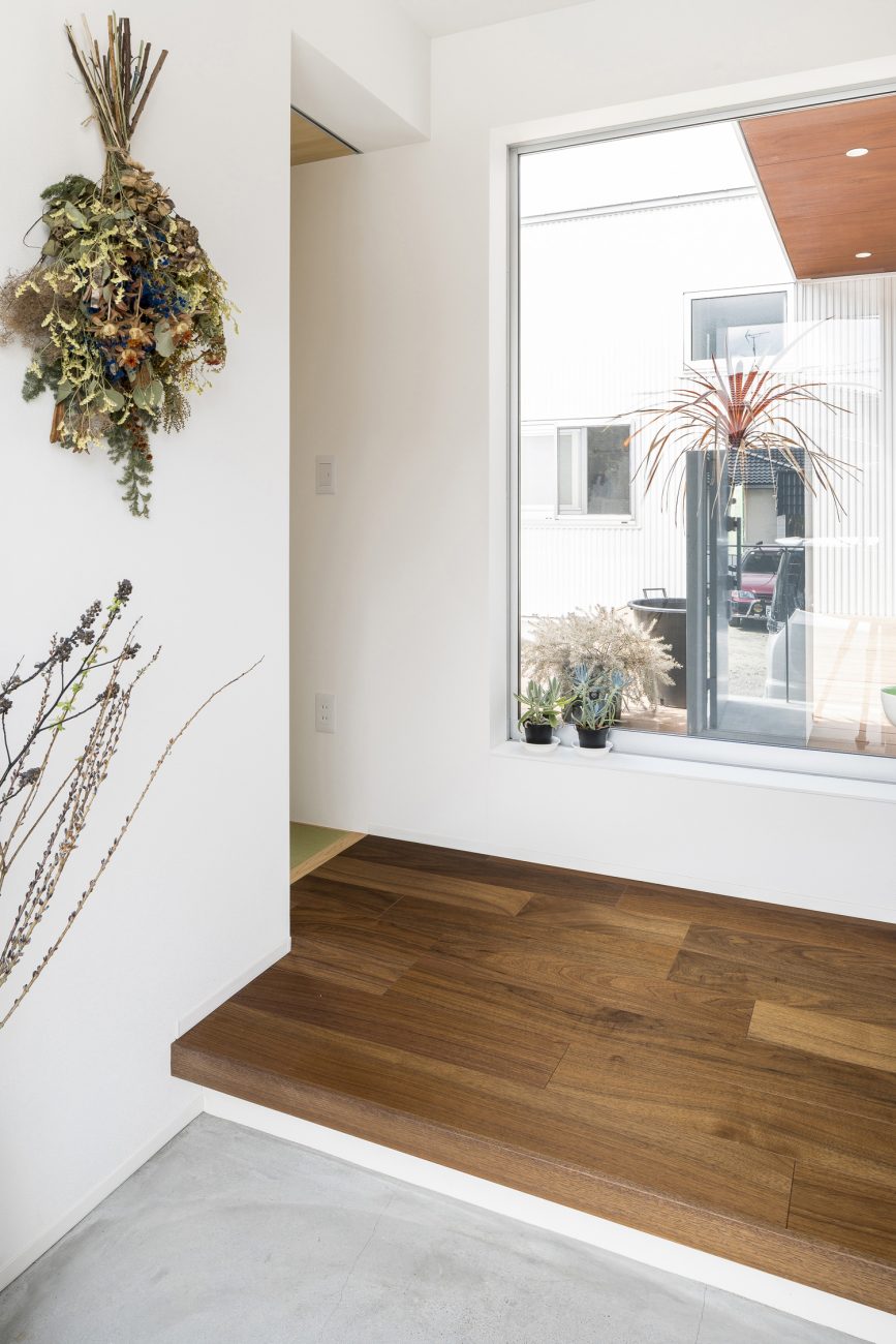 正面に植栽が見える窓があるモルタルの玄関・デザイン住宅 注文住宅・デザイン住宅建築実例_『CASE589 pinwheel』_玄関