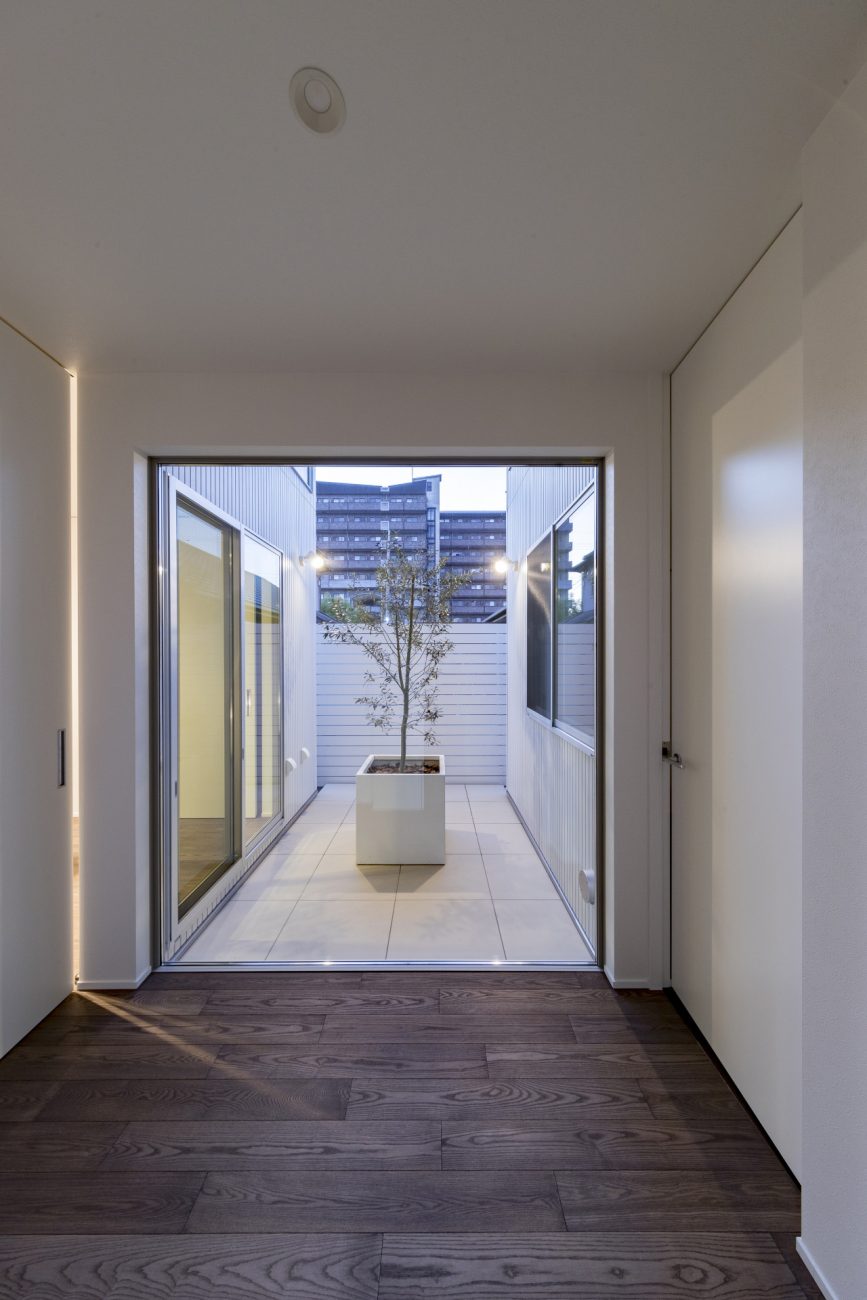 正面に中庭と植栽が見える大開口窓がある玄関・デザイン住宅 注文住宅・デザイン住宅建築実例_『CASE598 爽　～風と光～』_玄関