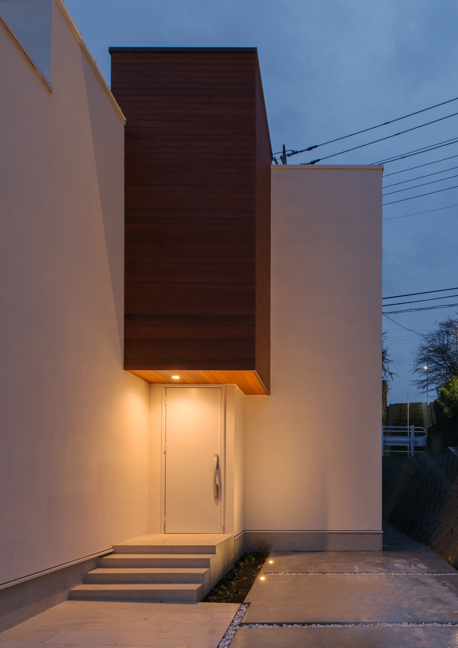 木目の軒天井でコンクリートの階段がある玄関アプローチ・デザイン住宅 注文住宅・デザイン住宅建築実例_『CASE602 WOODボックスハウス』_外観