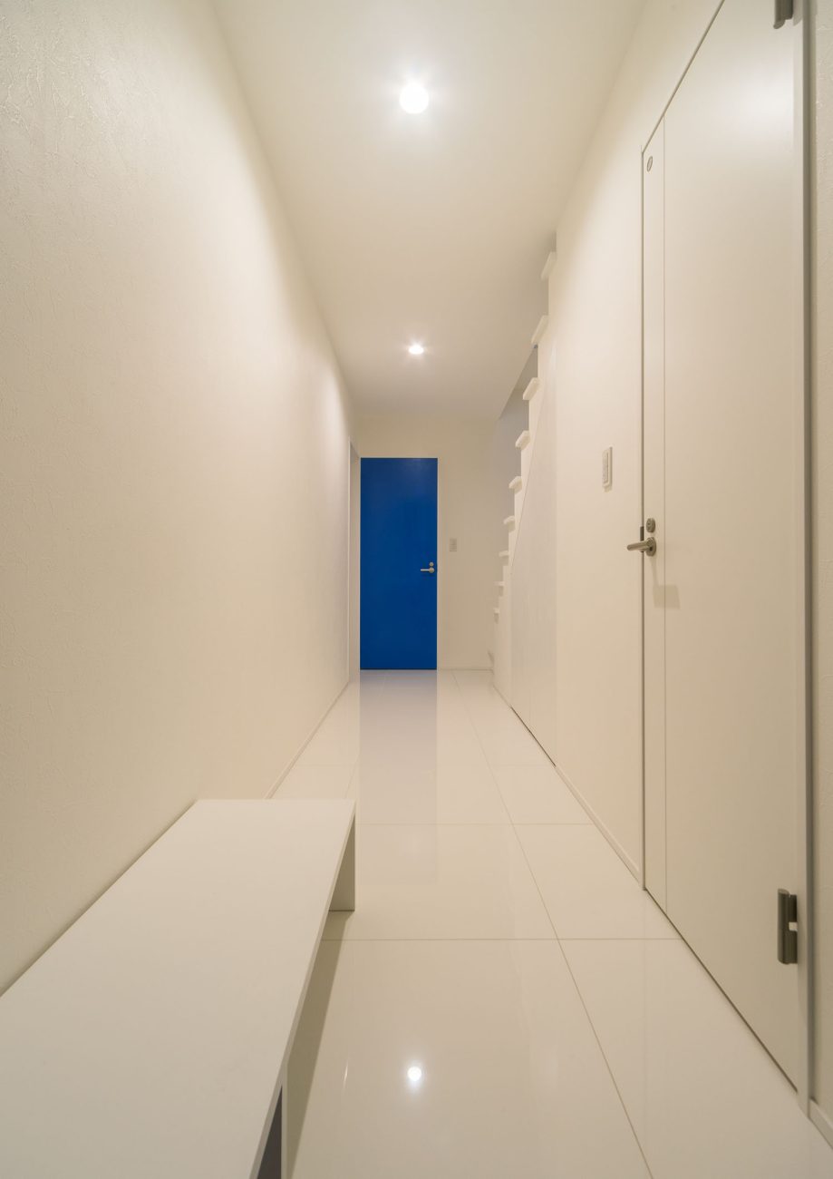突き当りに青い扉を取り付けた白い壁の廊下・デザイン住宅 注文住宅・デザイン住宅建築実例_『CASE460 三色　～さんしき～』_玄関