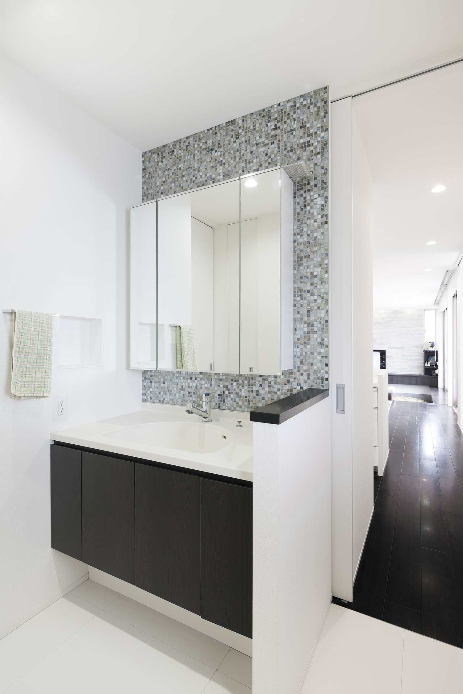 モザイクタイルのアクセントウォールがある、LDKと引き戸で繋がった洗面所・デザイン住宅 注文住宅・デザイン住宅建築実例_『CASE581 Tcourt』_浴室・洗面所