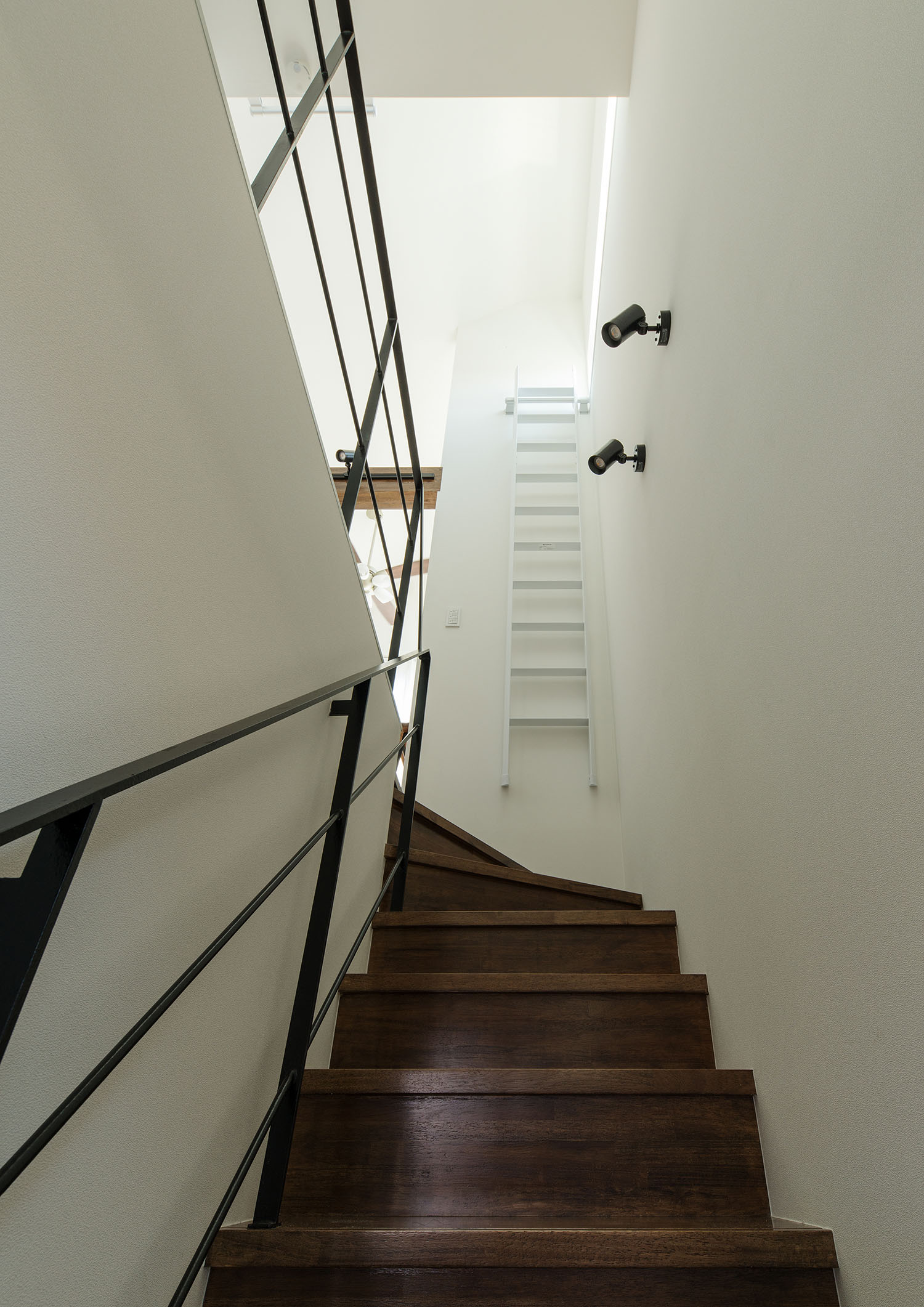 木製の箱型階段を上がった先の壁にはしごが収納されている様子・デザイン住宅 注文住宅・デザイン住宅建築実例_『CASE594 TOOL　BOX』_階段