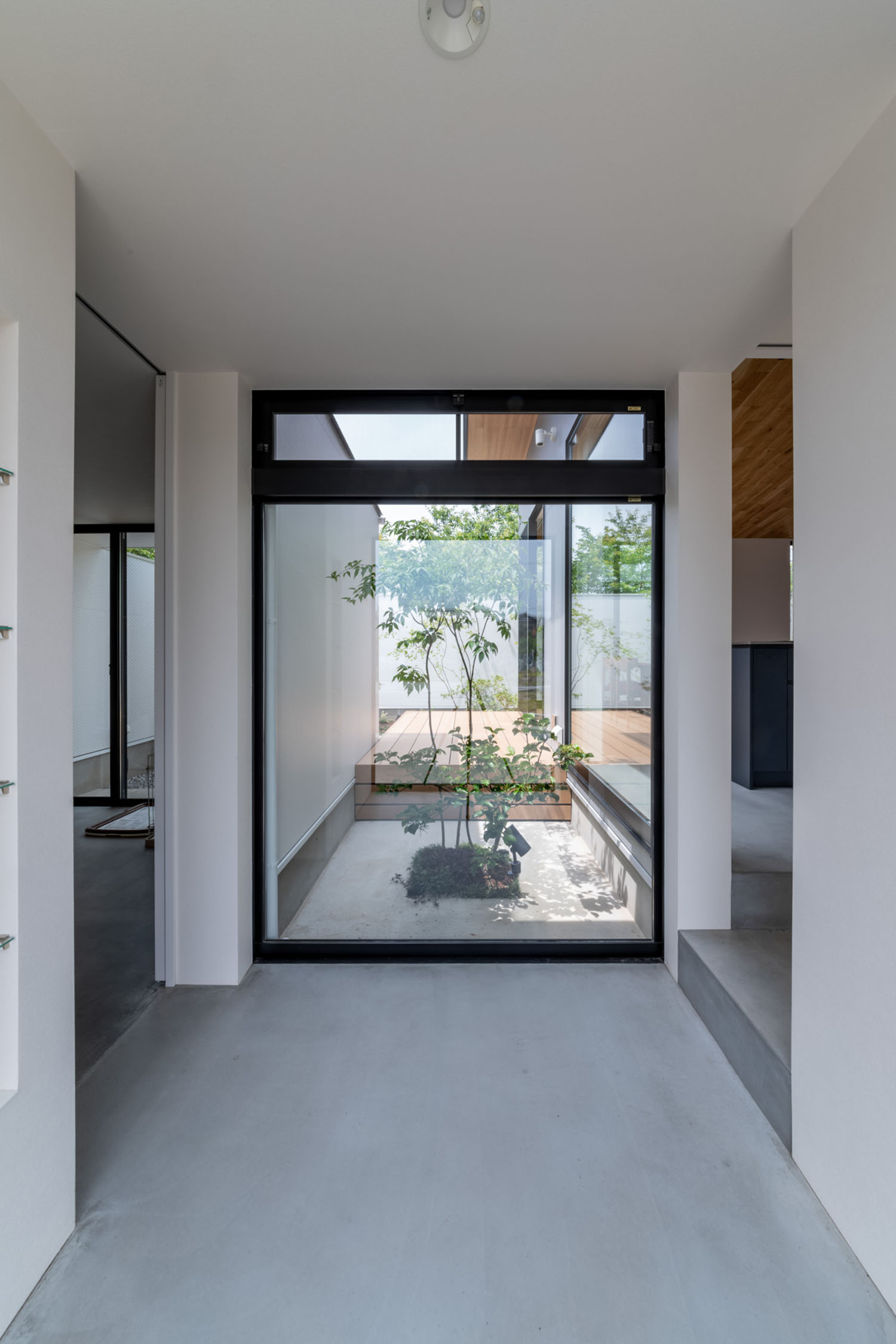 土間空間の正面に中庭が見える様子・デザイン住宅 注文住宅・デザイン住宅建築実例_『CASE686 桜並木の平屋』_玄関