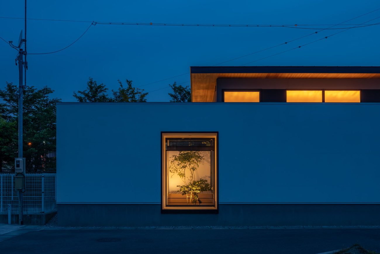 外壁に設けた窓から室内の植栽が見える平屋住宅・デザイン住宅 注文住宅・デザイン住宅建築実例_『CASE686  桜並木の平屋』_外観