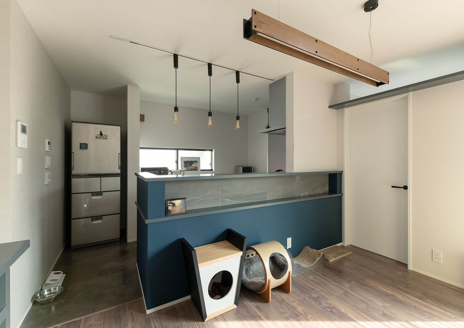 紺色の腰壁キッチンの前に猫用のおもちゃが置かれたLDK・デザイン住宅 注文住宅・デザイン住宅建築実例_『CASE689 猫と寄り添う家』_LDK