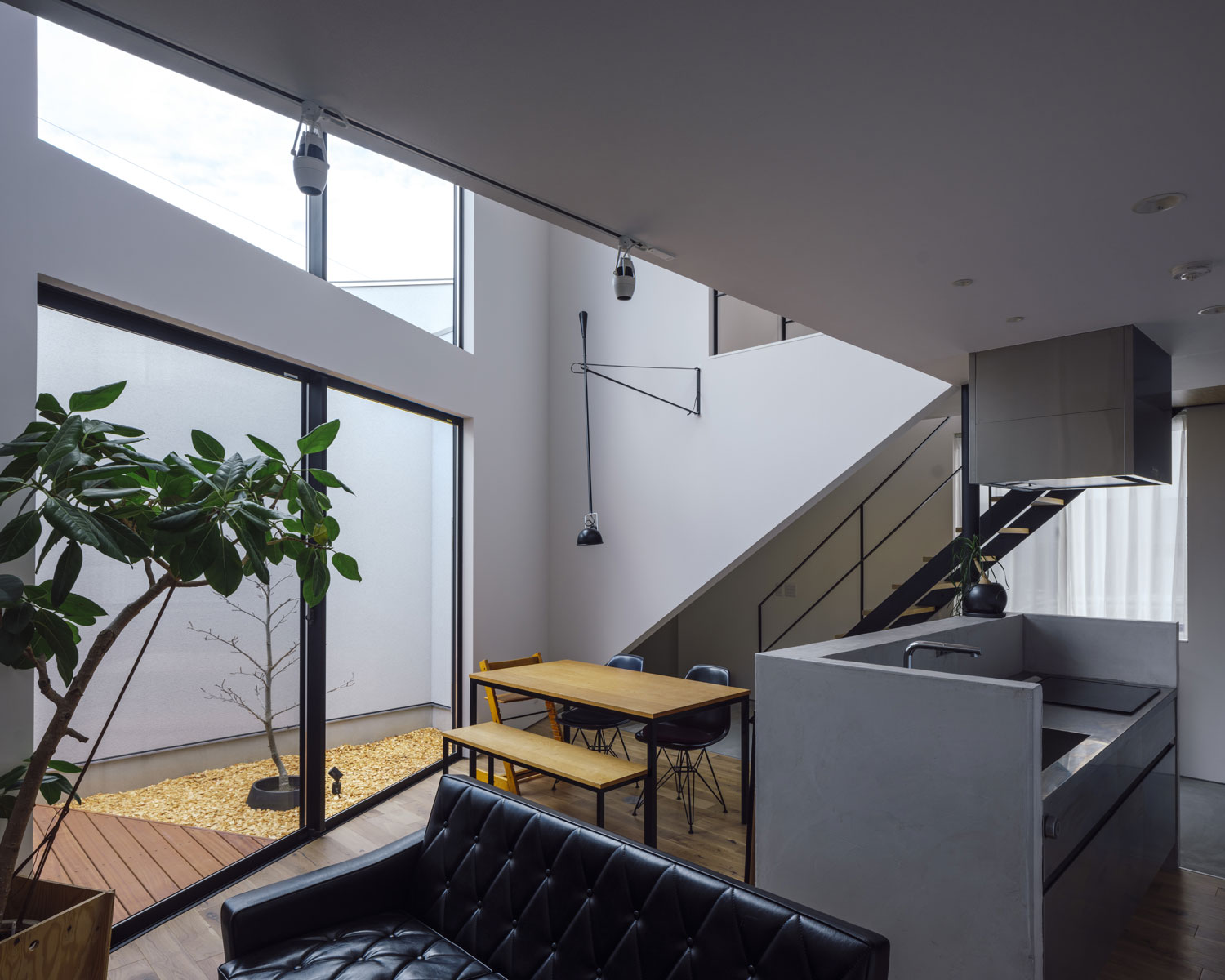 白を基調とし、木材のインテリアや観葉植物が置かれたナチュラルなLDK・フリーダムアーキテクツの事例 注文住宅・デザイン住宅建築実例_『CASE703 /』_LDK