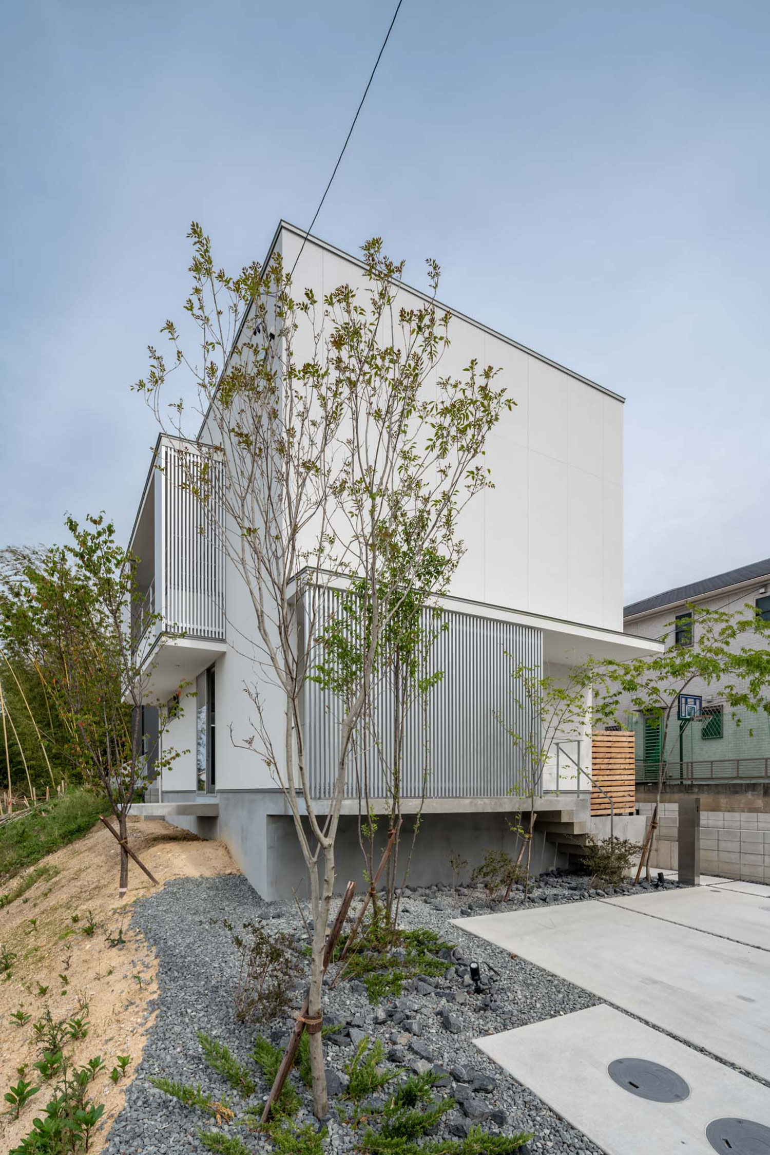周囲に植栽がある、白いキューブ状の住宅・フリーダムアーキテクツの事例 注文住宅・デザイン住宅建築実例_『CASE704 with a view』_外観