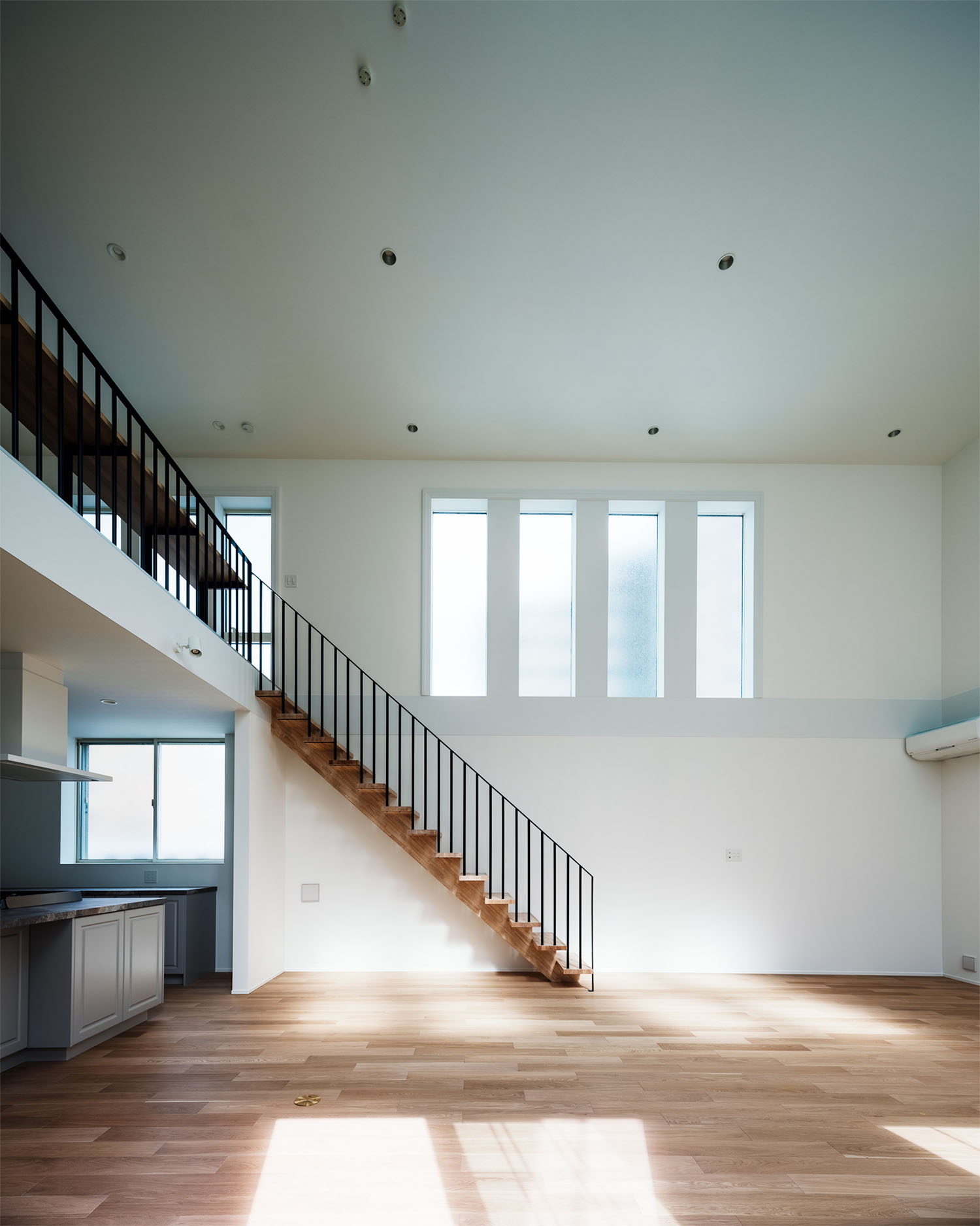 吹き抜けになっている空間にアイアン手摺のスケルトンがある・フリーダムアーキテクツの事例 注文住宅・デザイン住宅建築実例_『CASE710 décor』_LDK