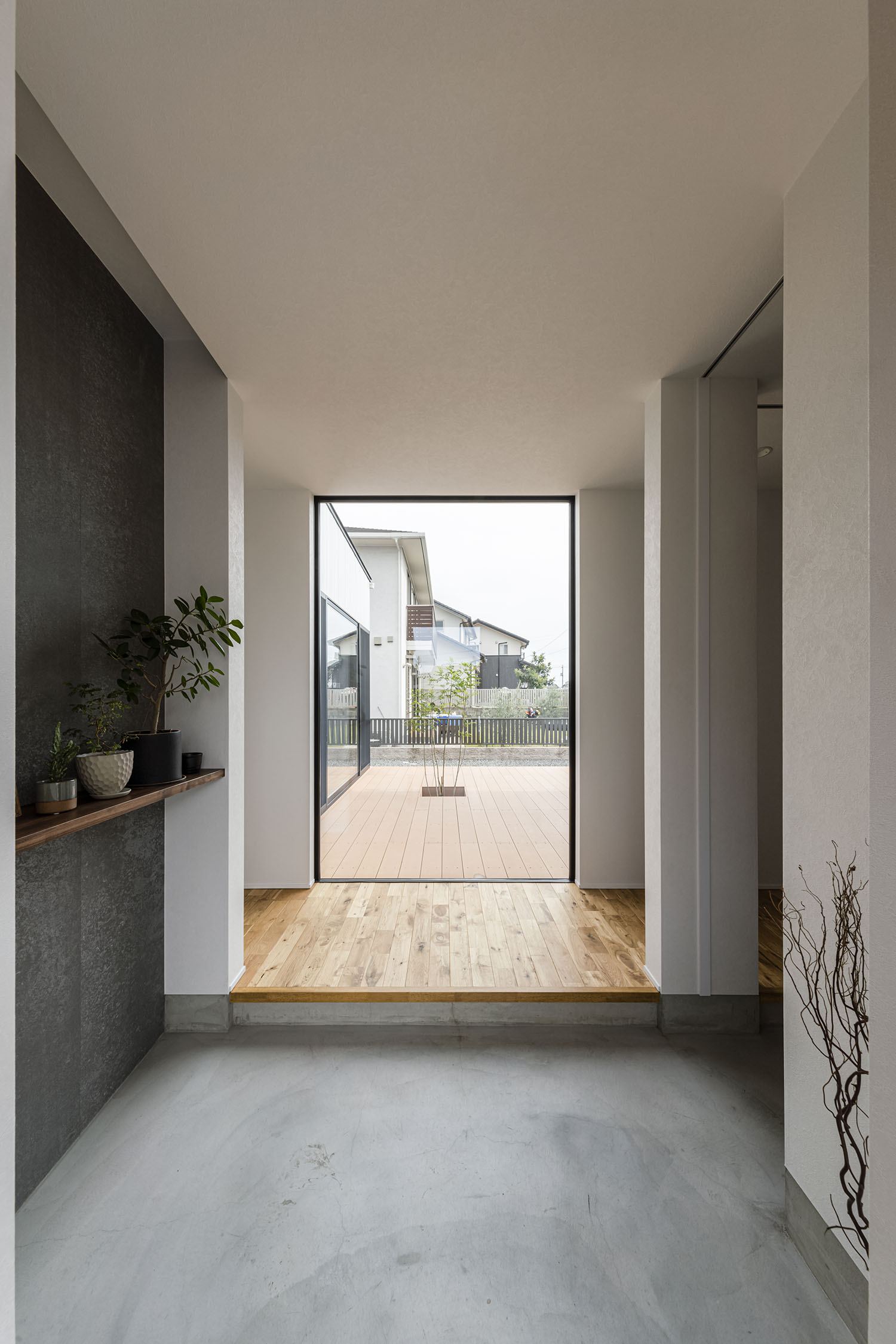 注文住宅・平屋・玄関・玄関広い・モルタル玄関・中庭が見える玄関 注文住宅・デザイン住宅建築実例_『CASE711 「遊」・「作」』_玄関