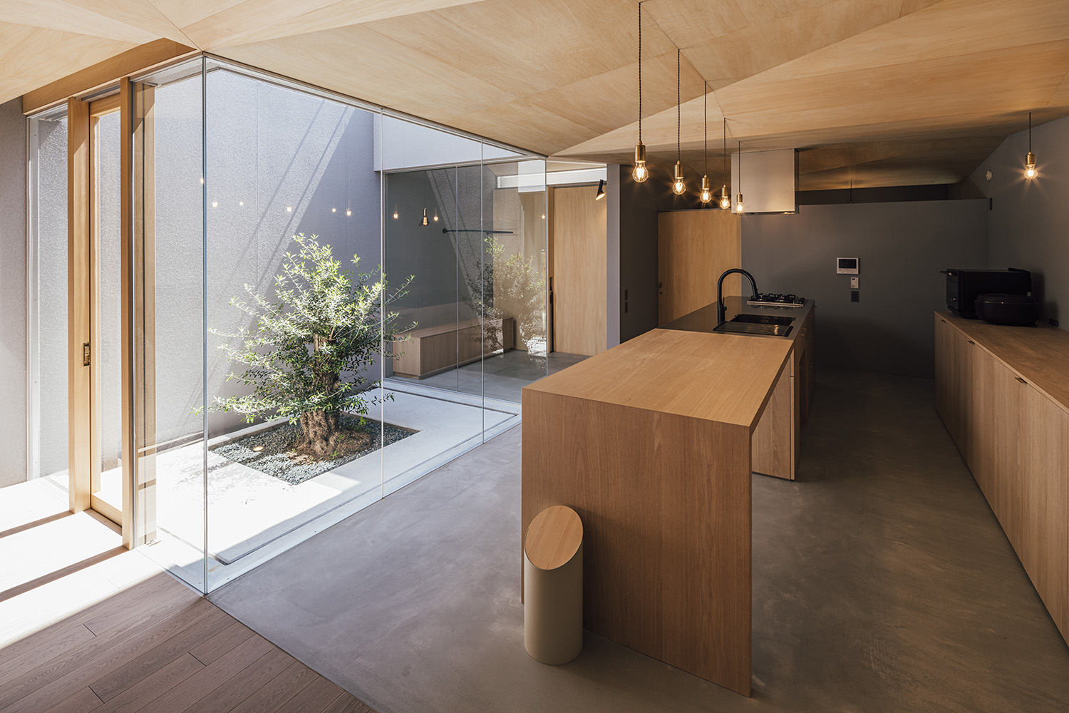 注文住宅・LDK・中庭の見えるリビング・ガラス張り・木の天井・木製の建具 注文住宅・デザイン住宅建築実例_『CASE736 アンモナイト』_LDK