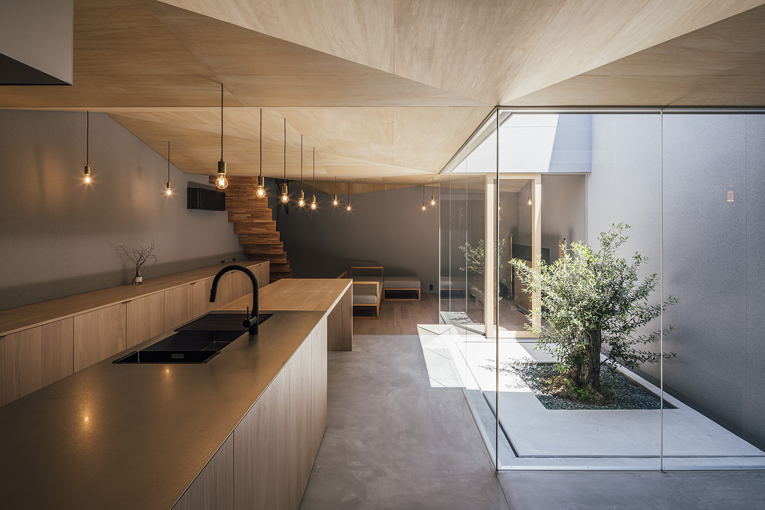 注文住宅・LDK・中庭の見えるリビング・ガラス張り・木の天井・木製の建具 注文住宅・デザイン住宅建築実例_『CASE736 アンモナイト』_LDK