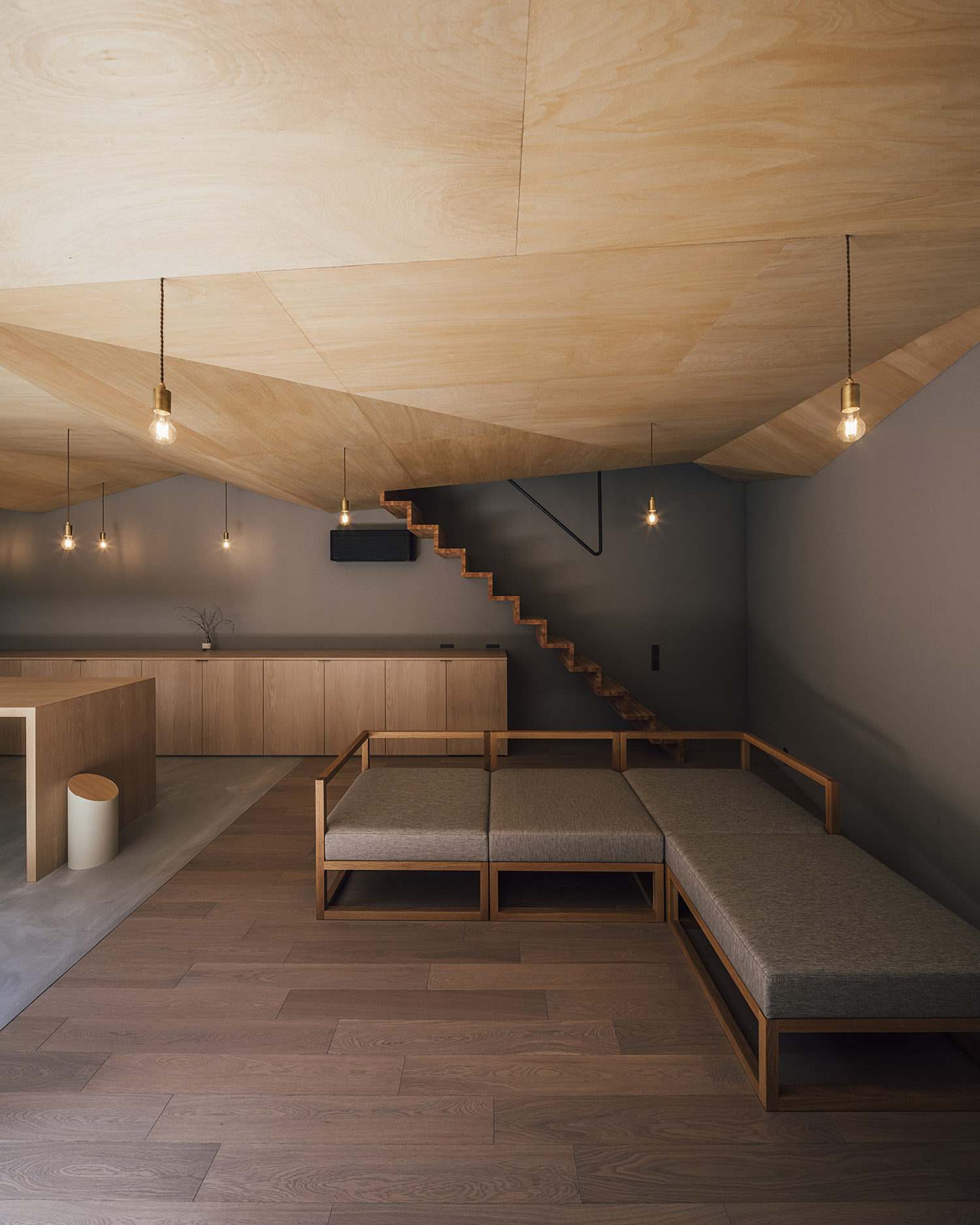 注文住宅・LDK・中庭の見えるリビング・ガラス張り・木の天井・木製の建具 注文住宅・デザイン住宅建築実例_『CASE736 アンモナイト』_LDK