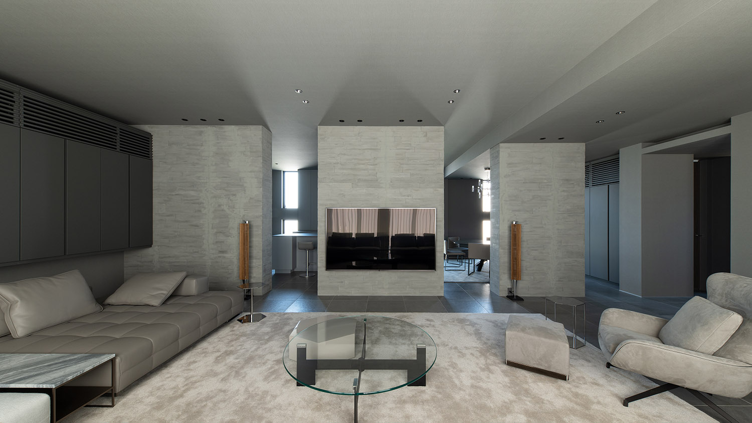 注文住宅・LDK・グレー・高天井・ハイドア・大開口・SE工法 注文住宅・デザイン住宅建築実例_『CASE744 CAVE』_LDK