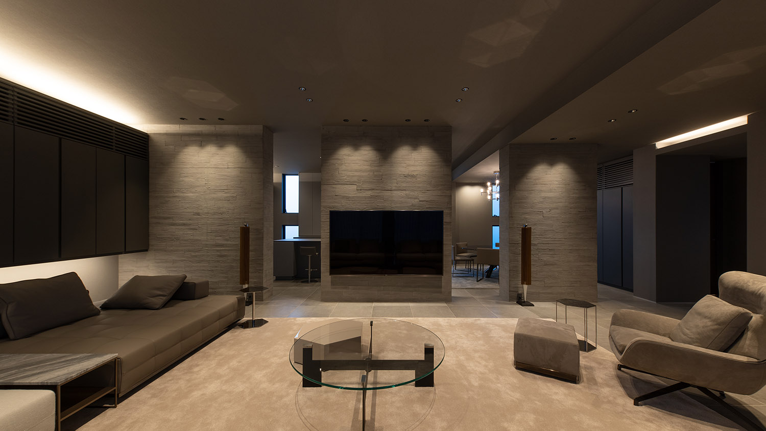 注文住宅・LDK・グレー・高天井・ハイドア・大開口・SE工法 注文住宅・デザイン住宅建築実例_『CASE744 CAVE』_LDK