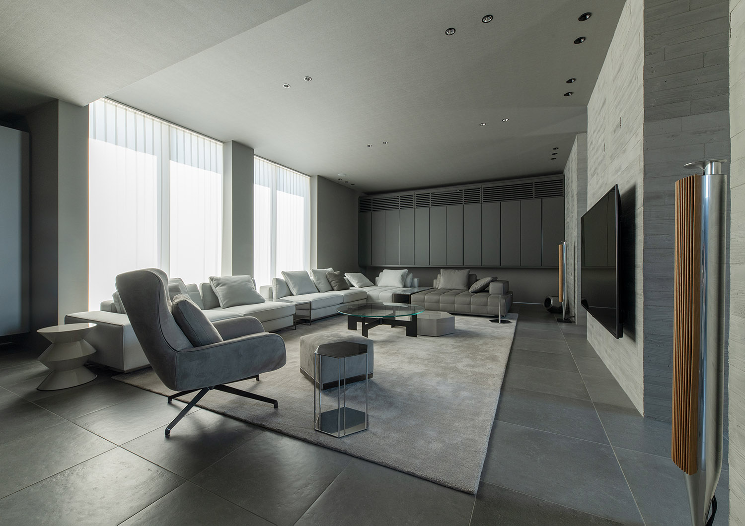 注文住宅・LDK・グレー・高天井・ハイドア・大開口・SE工法 注文住宅・デザイン住宅建築実例_『CASE744 CAVE』_LDK