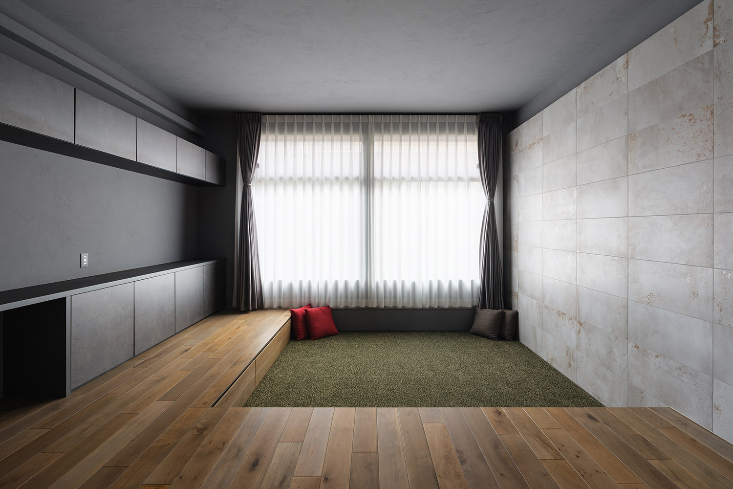 注文住宅・LDK・ダウンリビング・カーペット・タイル壁 注文住宅・デザイン住宅建築実例_『CASE747 濃漆喰の家』_LDK