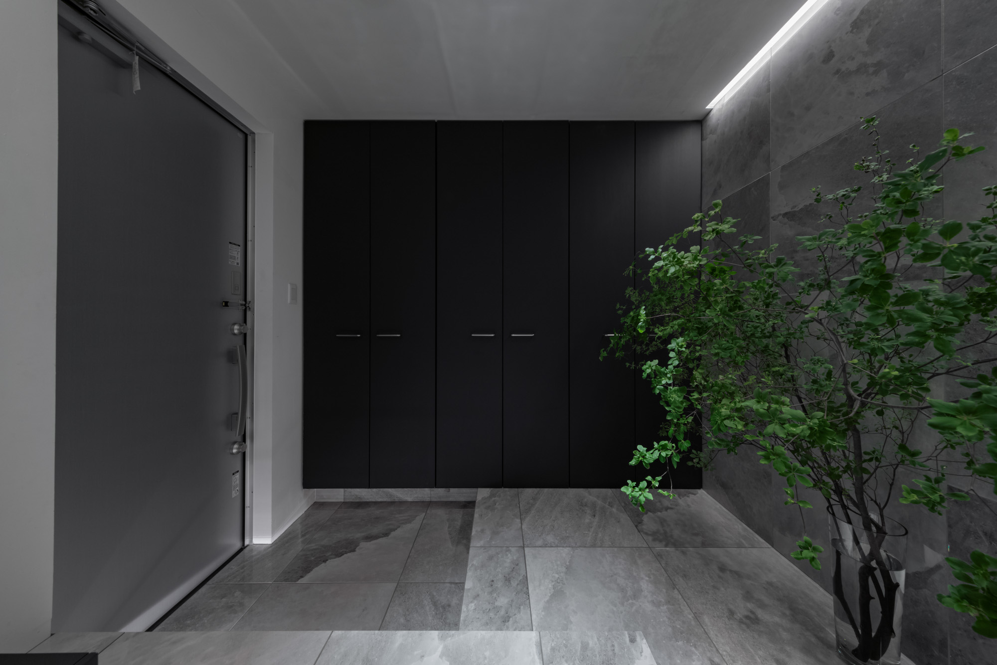 床と壁がグレーのタイルで、黒いシューズボックスやシンボルツリーがある玄関・デザイン住宅 注文住宅・デザイン住宅建築実例_『CASE749 dignified housing』_玄関