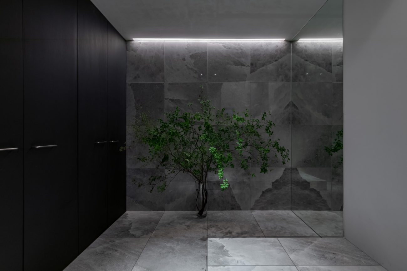床と壁がグレーのタイルで、建具を黒にした、シンボルツリーのある玄関・デザイン住宅 注文住宅・デザイン住宅建築実例_『CASE749 dignified housing』_玄関