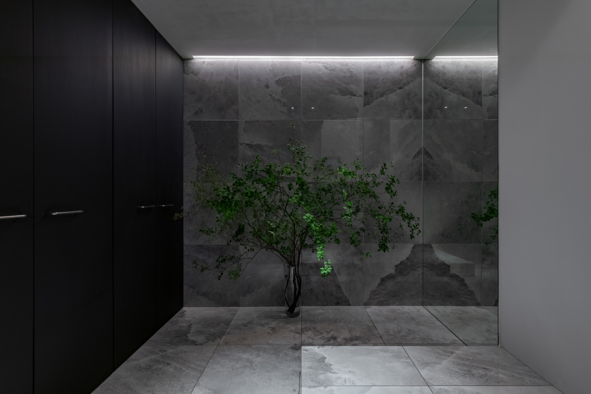 床と壁がグレーのタイルで、建具を黒にした、シンボルツリーのある玄関・デザイン住宅 注文住宅・デザイン住宅建築実例_『CASE749 dignified housing』_玄関