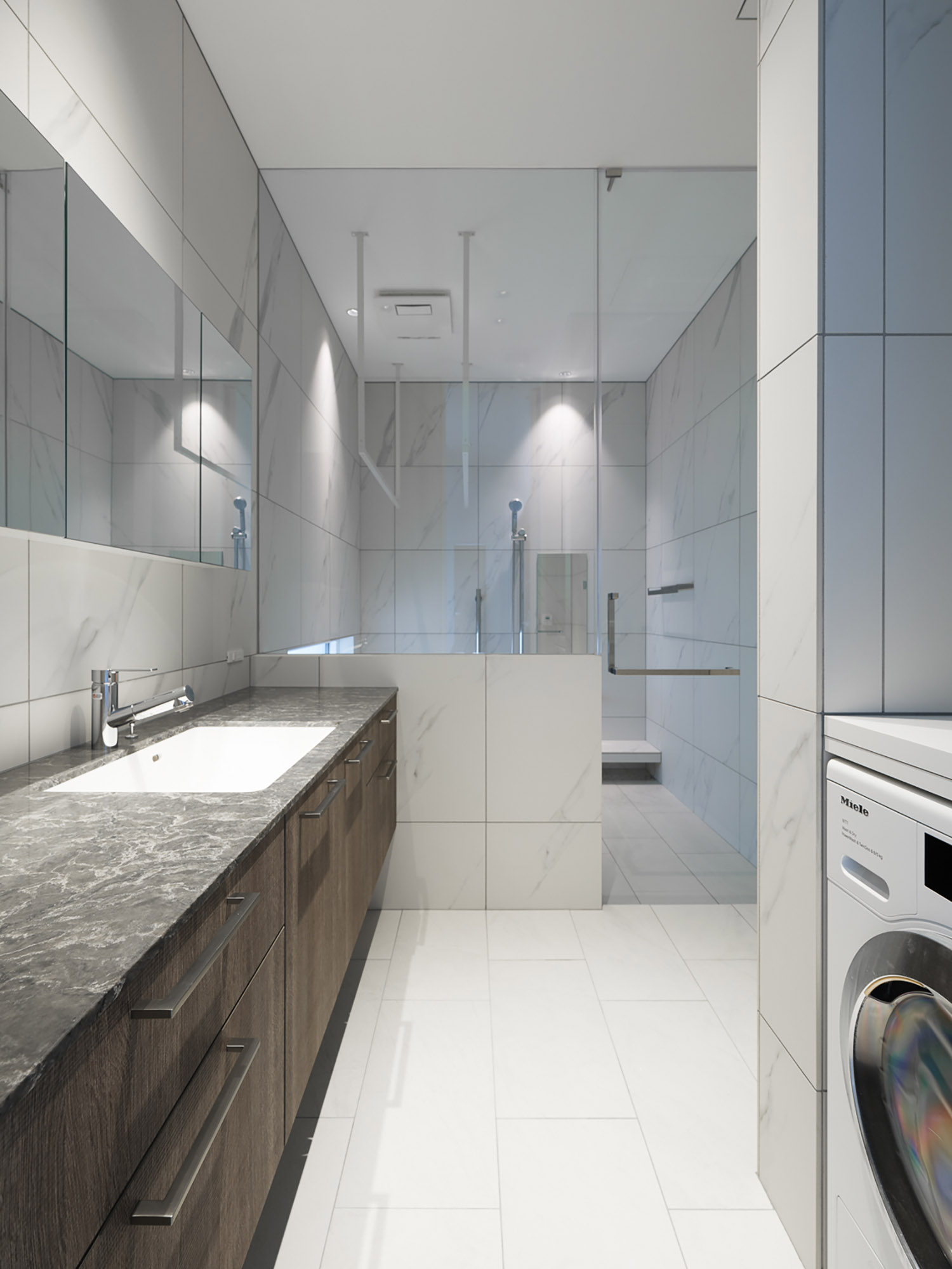 ガラス扉が取り付けられた浴室のそばにある黒い石の洗面所・デザイン住宅 注文住宅・デザイン住宅建築実例_『CASE764 おぼろげ』_浴室・洗面所