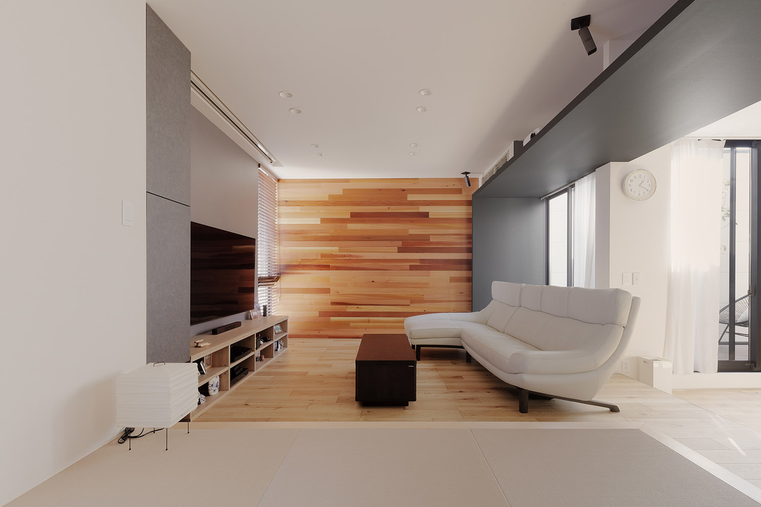 木目のアクセントウォールがあるシンプルなLDK・デザイン住宅 注文住宅・デザイン住宅建築実例_『CASE766 ハコ/ラセン』_LDK