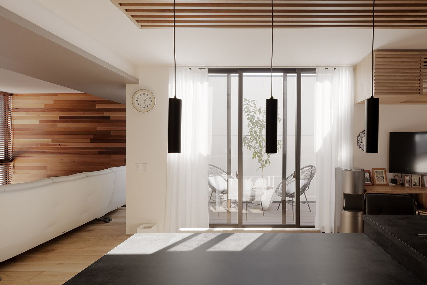 テラスに面した大きな窓がある明るいLDK・デザイン住宅 注文住宅・デザイン住宅建築実例_『CASE766 ハコ/ラセン』_キッチン