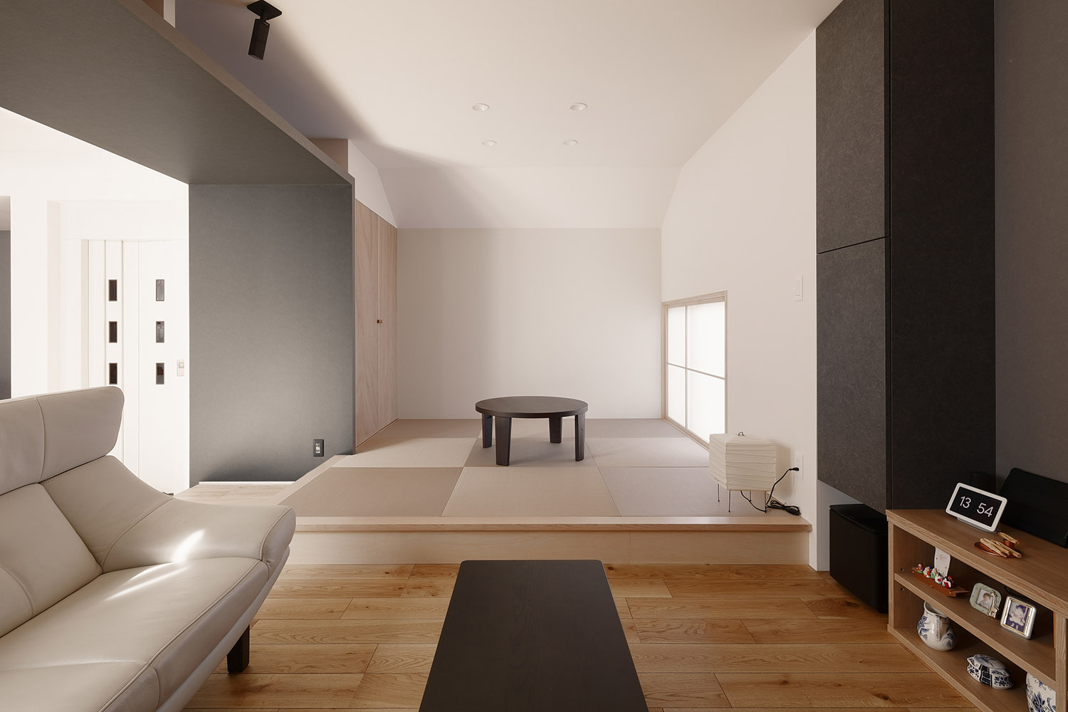 小上がりの畳スペースがあるおしゃれなLDK・デザイン住宅 注文住宅・デザイン住宅建築実例_『CASE766 ハコ/ラセン』_LDK