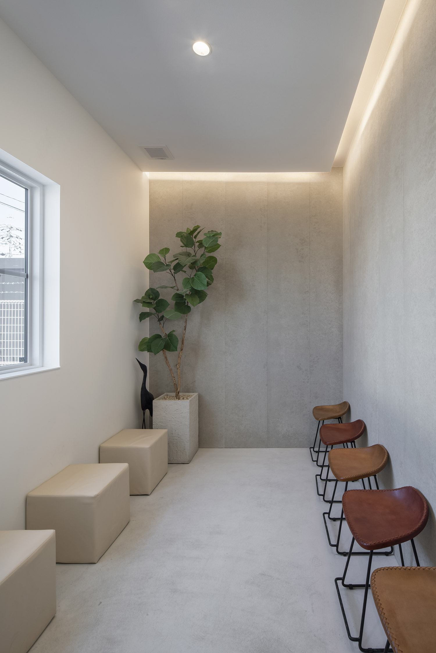 コンクリートの壁に観葉植物がアクセントになったヘアサロンの待合スペース・店舗併用住宅 注文住宅・デザイン住宅建築実例_『CASE773 hairsalon Laetitia loco』_店舗