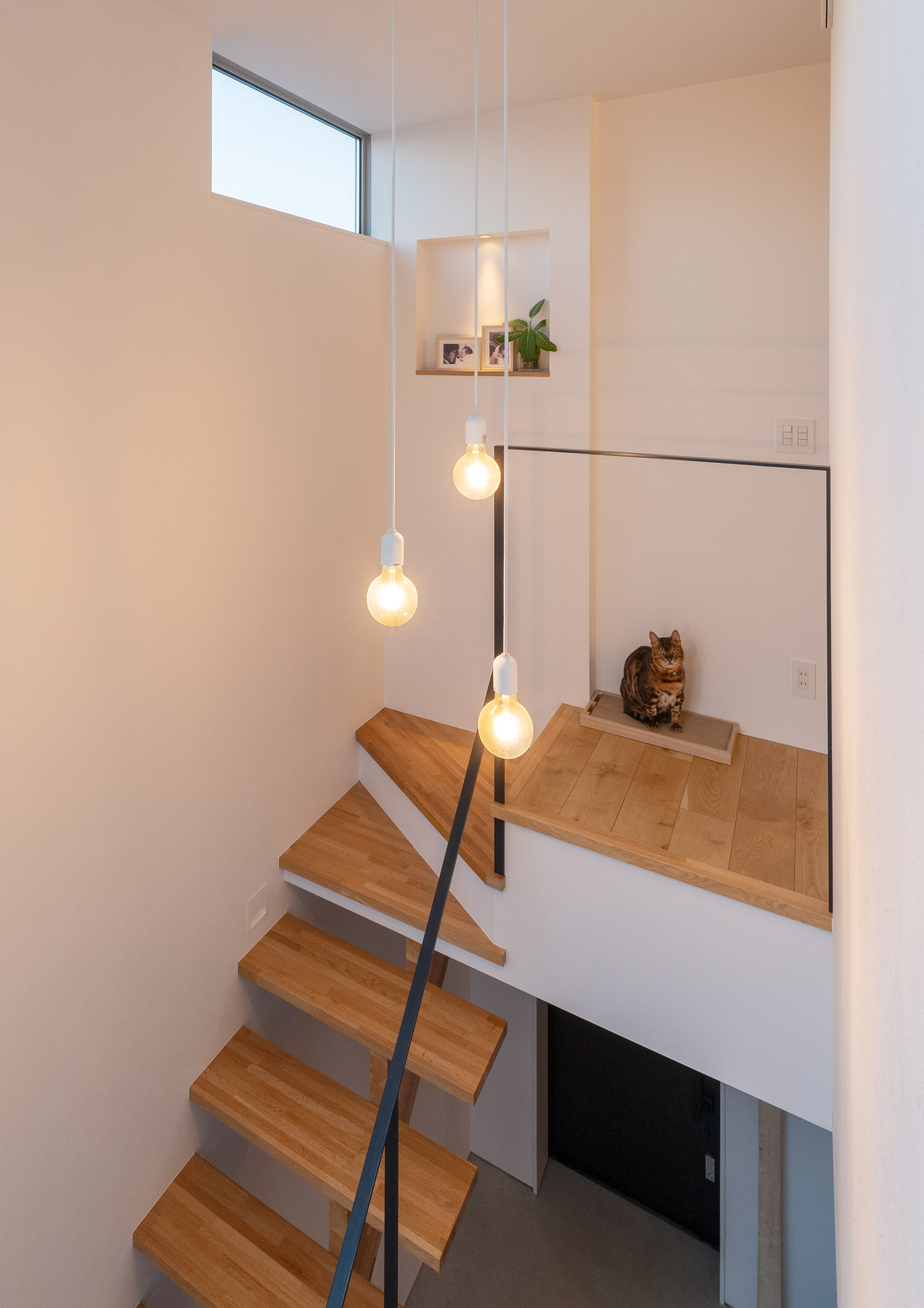 シンプルなペンダントライトを取り付けた吹き抜けの階段室・デザイン住宅 注文住宅・デザイン住宅建築実例_『CASE775 二色の陽射し』_階段