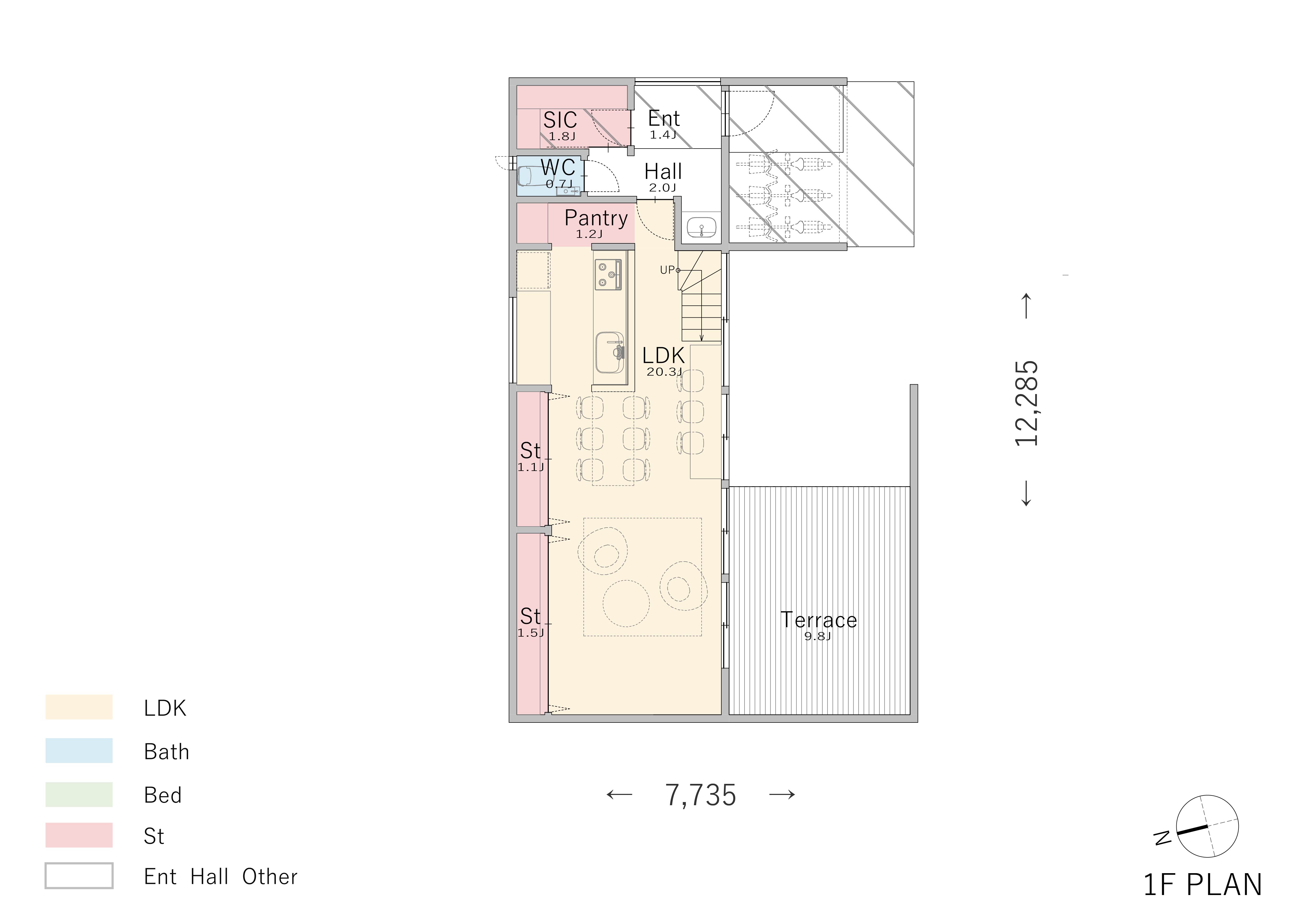 開放的なリビング続きのテラスがあるI型LDKの間取り
