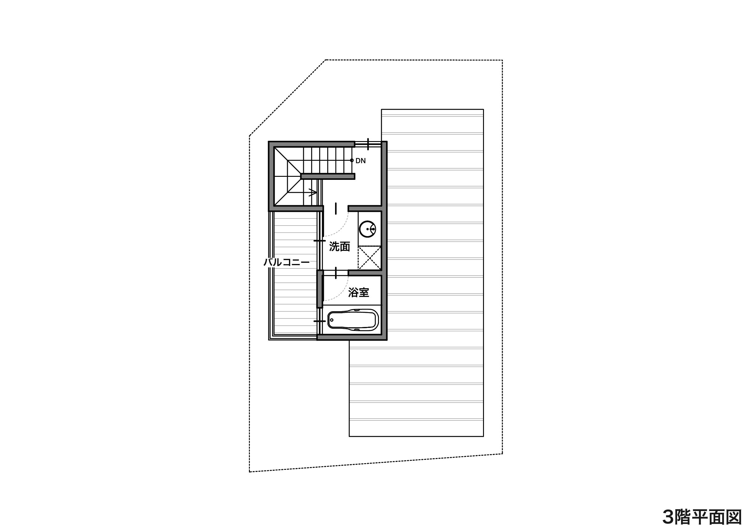 ダイニングキッチンをコンパクトにまとめた3階建ての間取り3