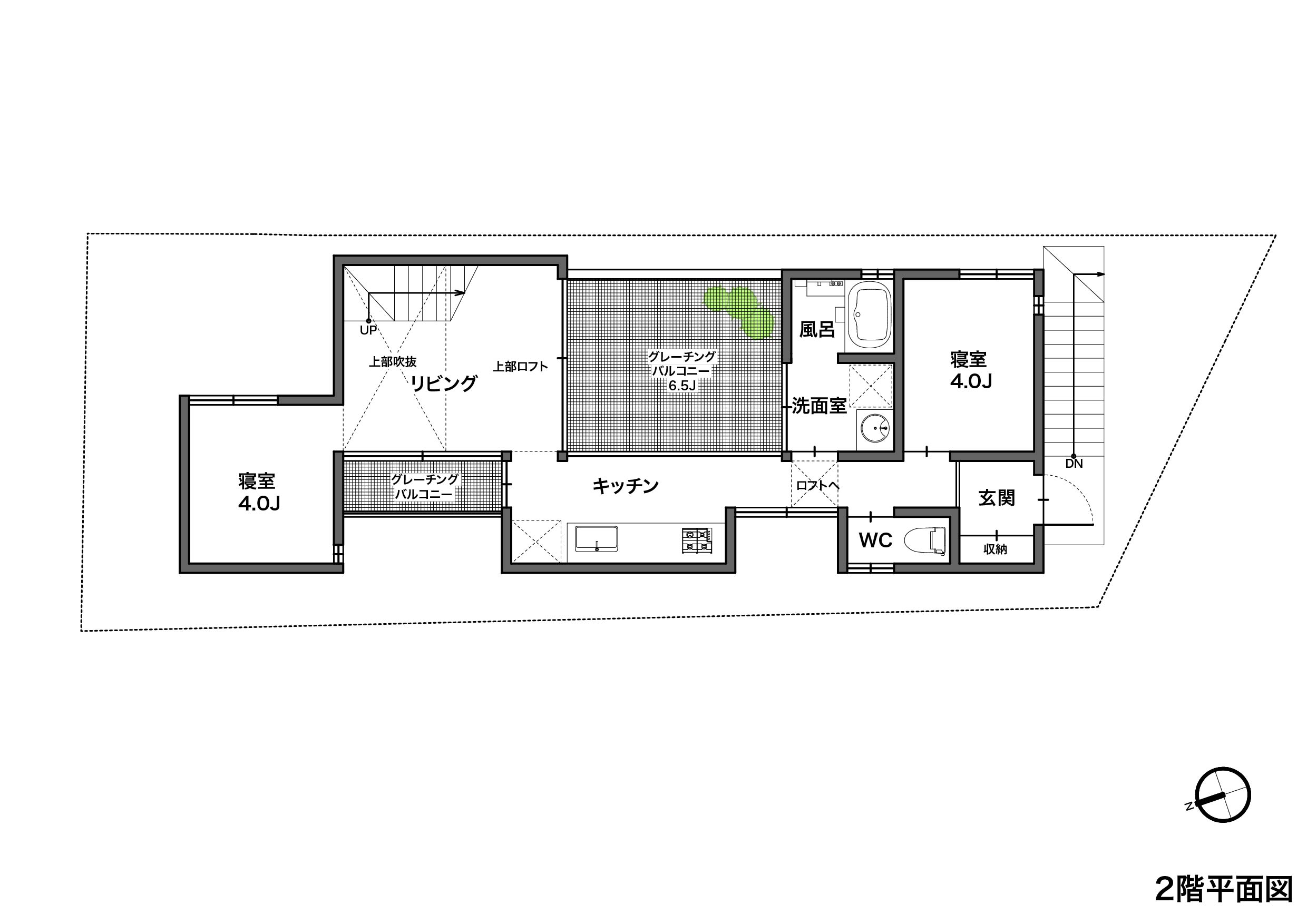 中庭でつながる適度な距離感がある2階建ての間取り2